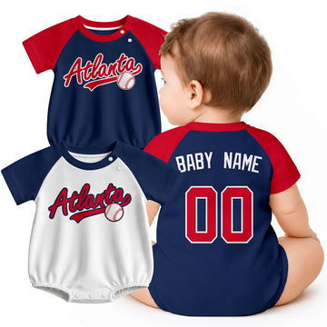Personalized Atlanta baseball baby bodysuit shown on baby with city-color style
