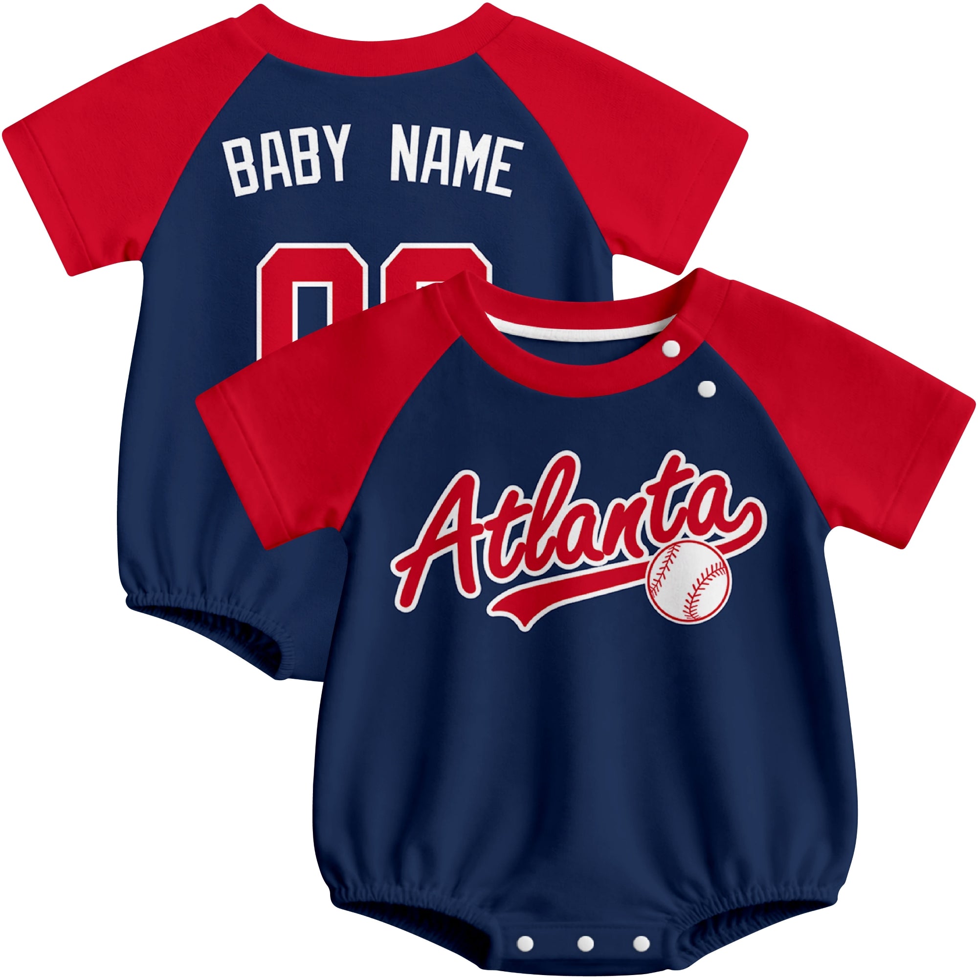 Atlanta baseball baby bodysuit front and back view in Navy color style