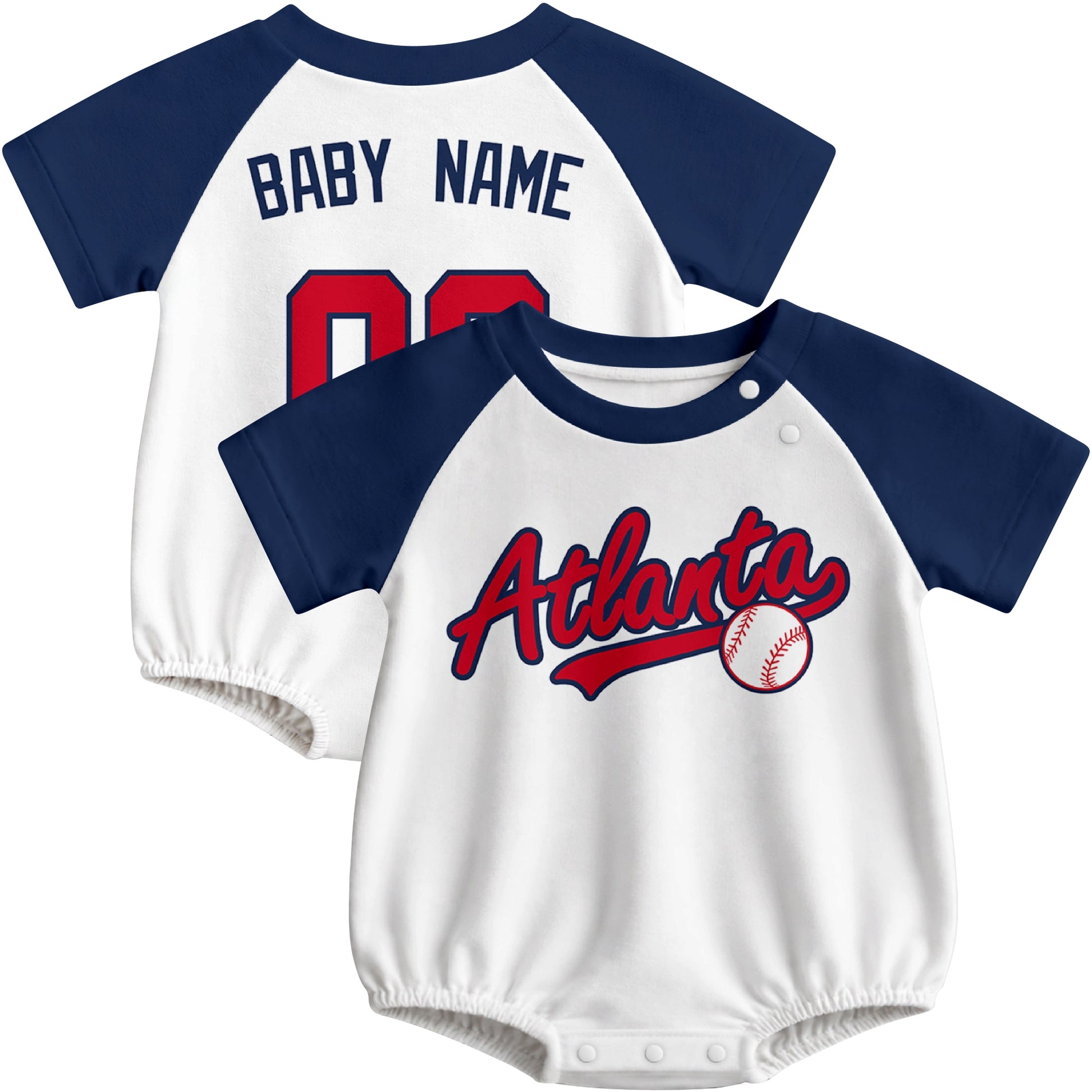 Atlanta baseball baby bodysuit front and back view in White color style