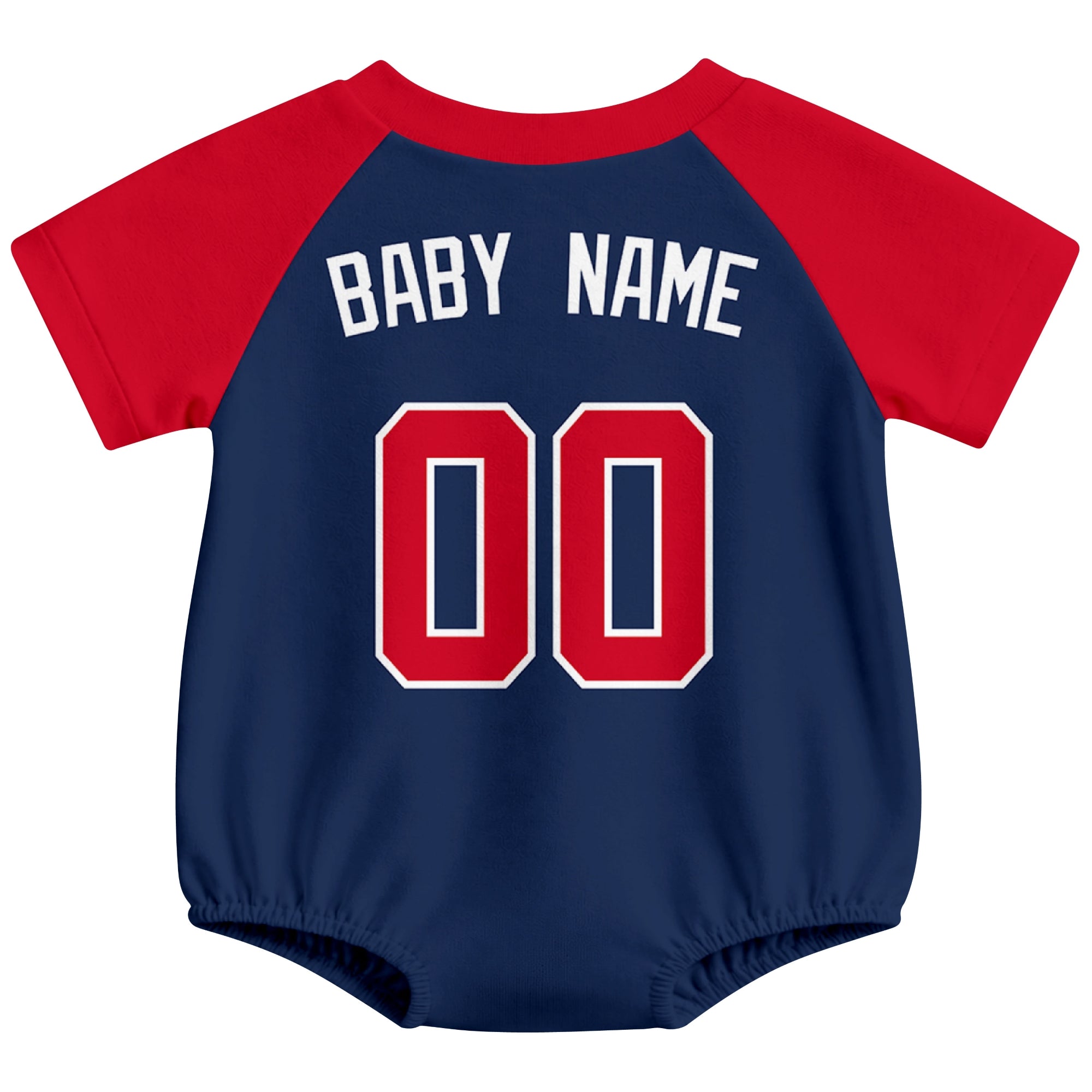 Atlanta baseball baby bodysuit back view in Navy color style with custom baby name and number