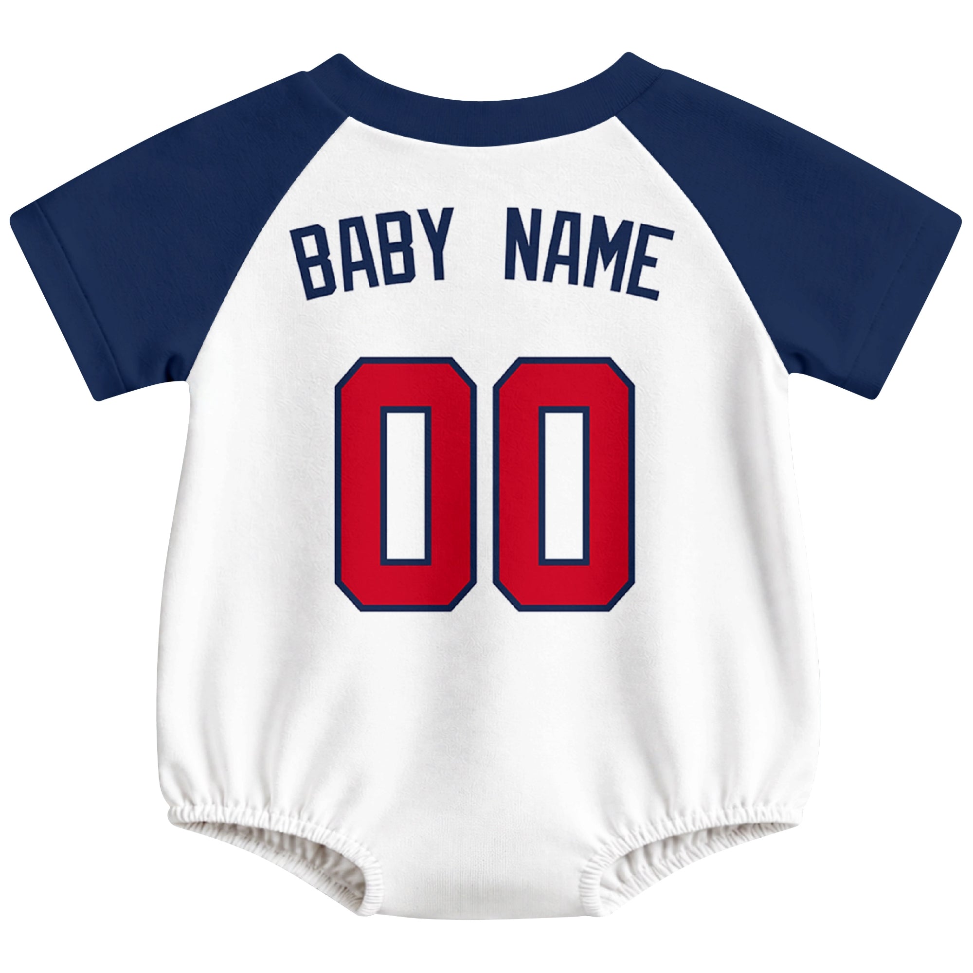 Atlanta baseball baby bodysuit back view in White color style with custom baby name and number