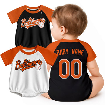 Personalized Baltimore baseball baby bodysuit shown on baby with city-color style