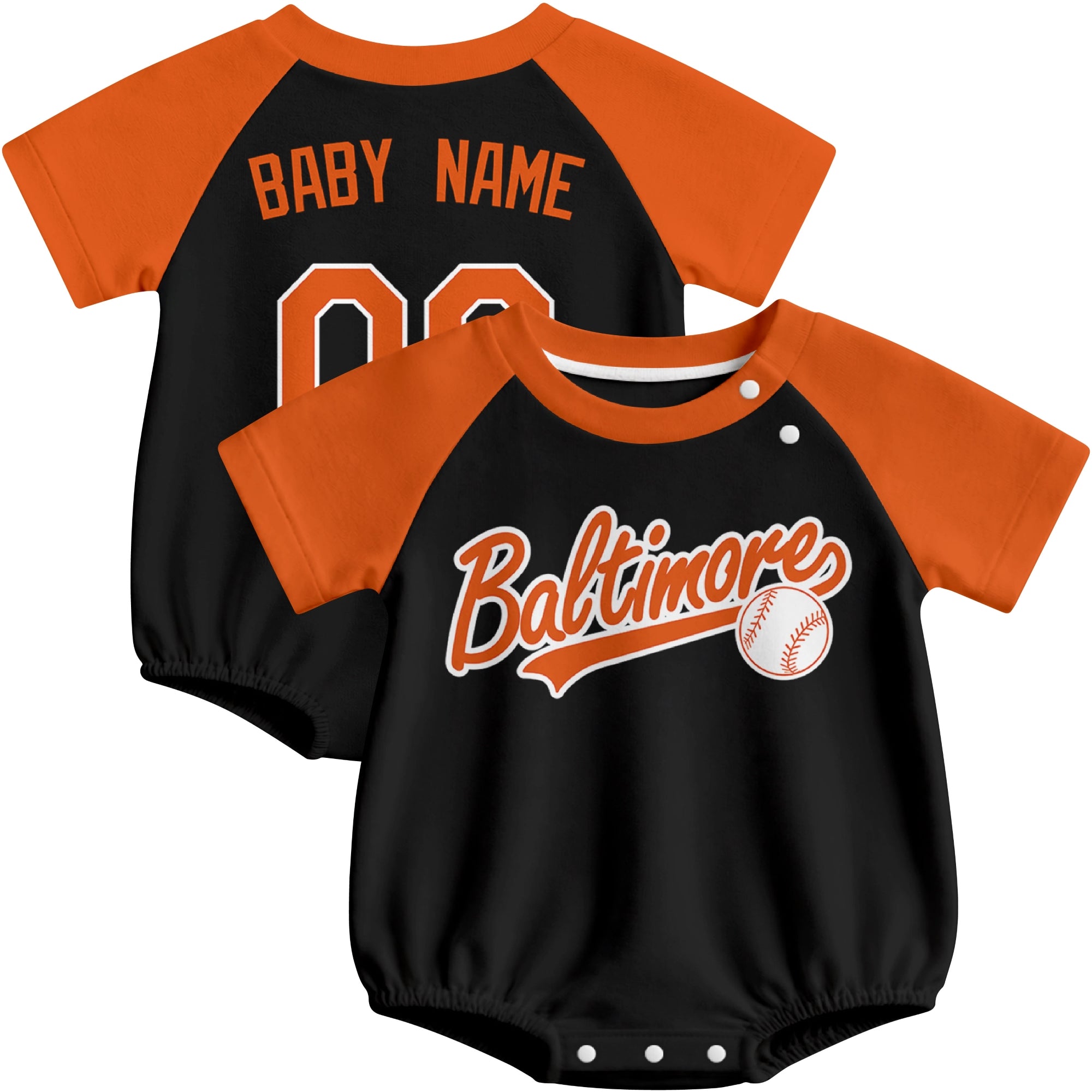 Baltimore baseball baby bodysuit front and back view in Black color style