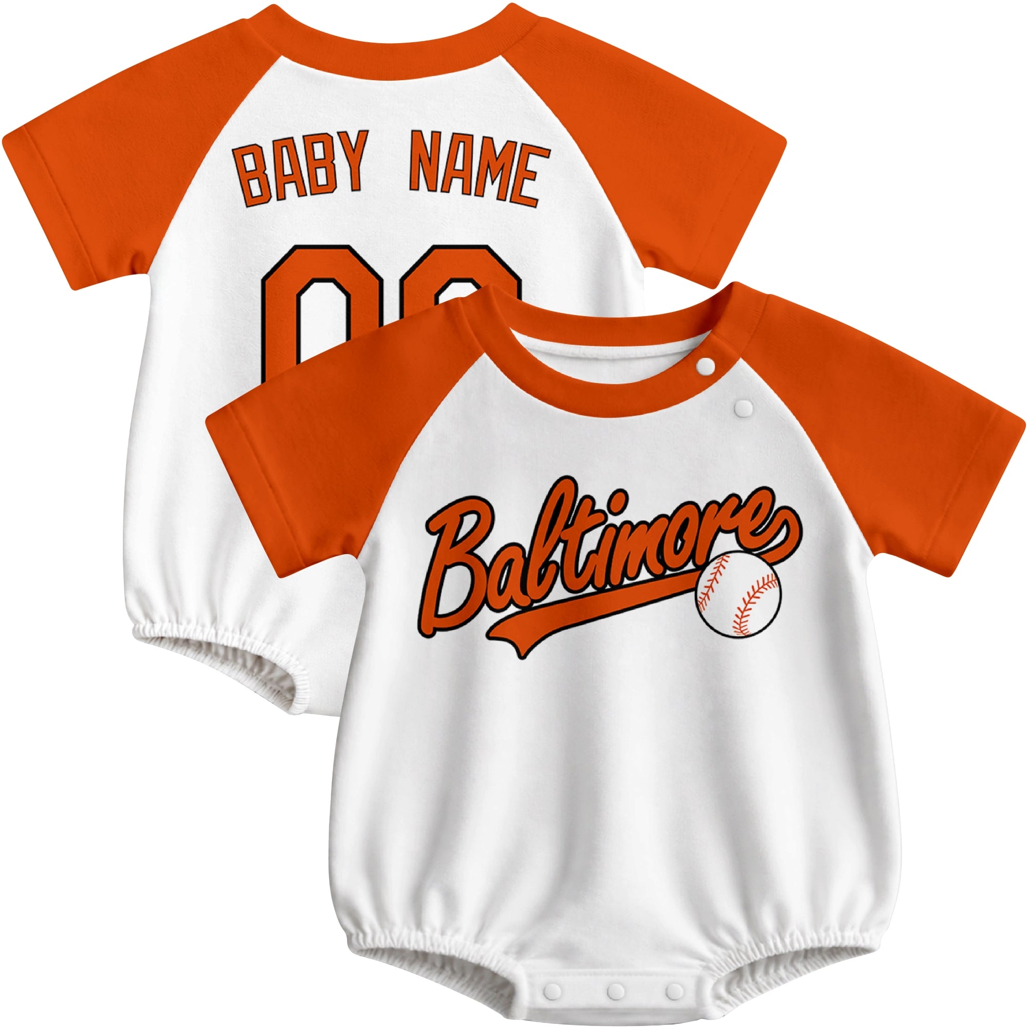 Baltimore baseball baby bodysuit front and back view in White color style