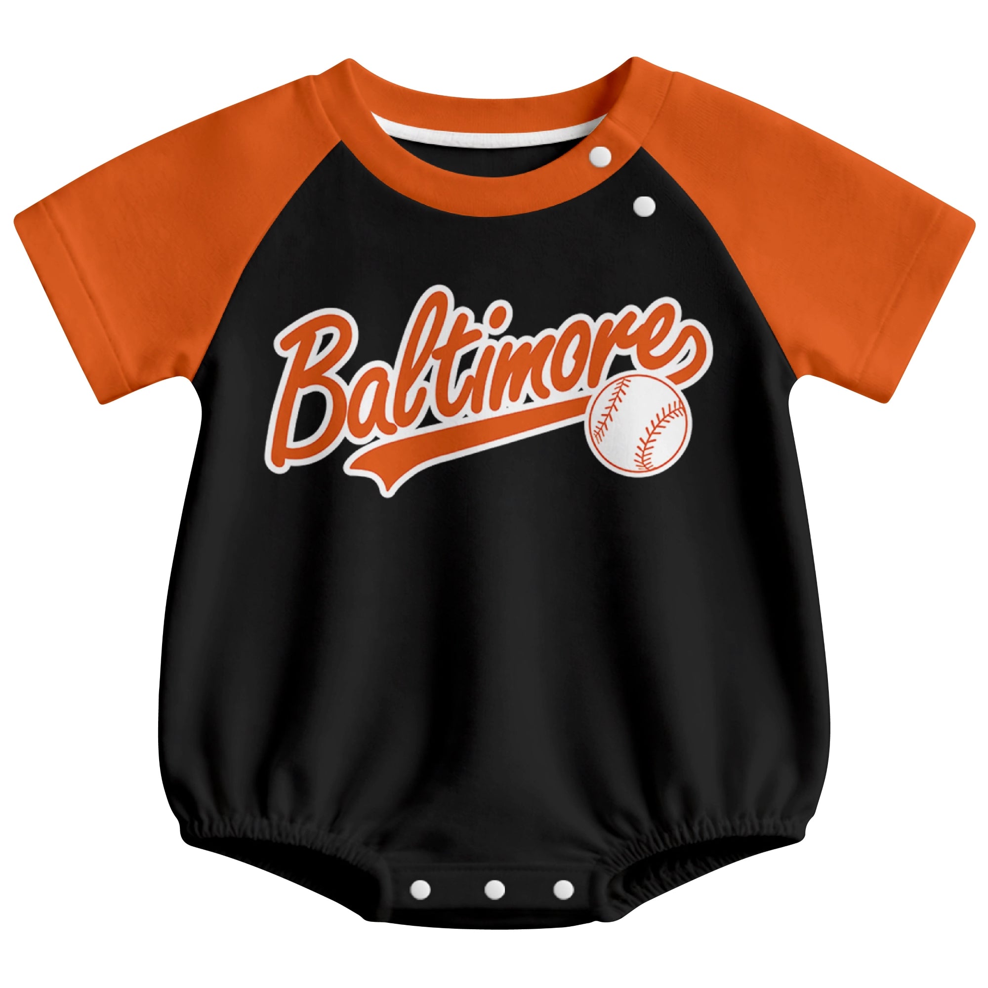 Baltimore baseball baby bodysuit front view in Black color style