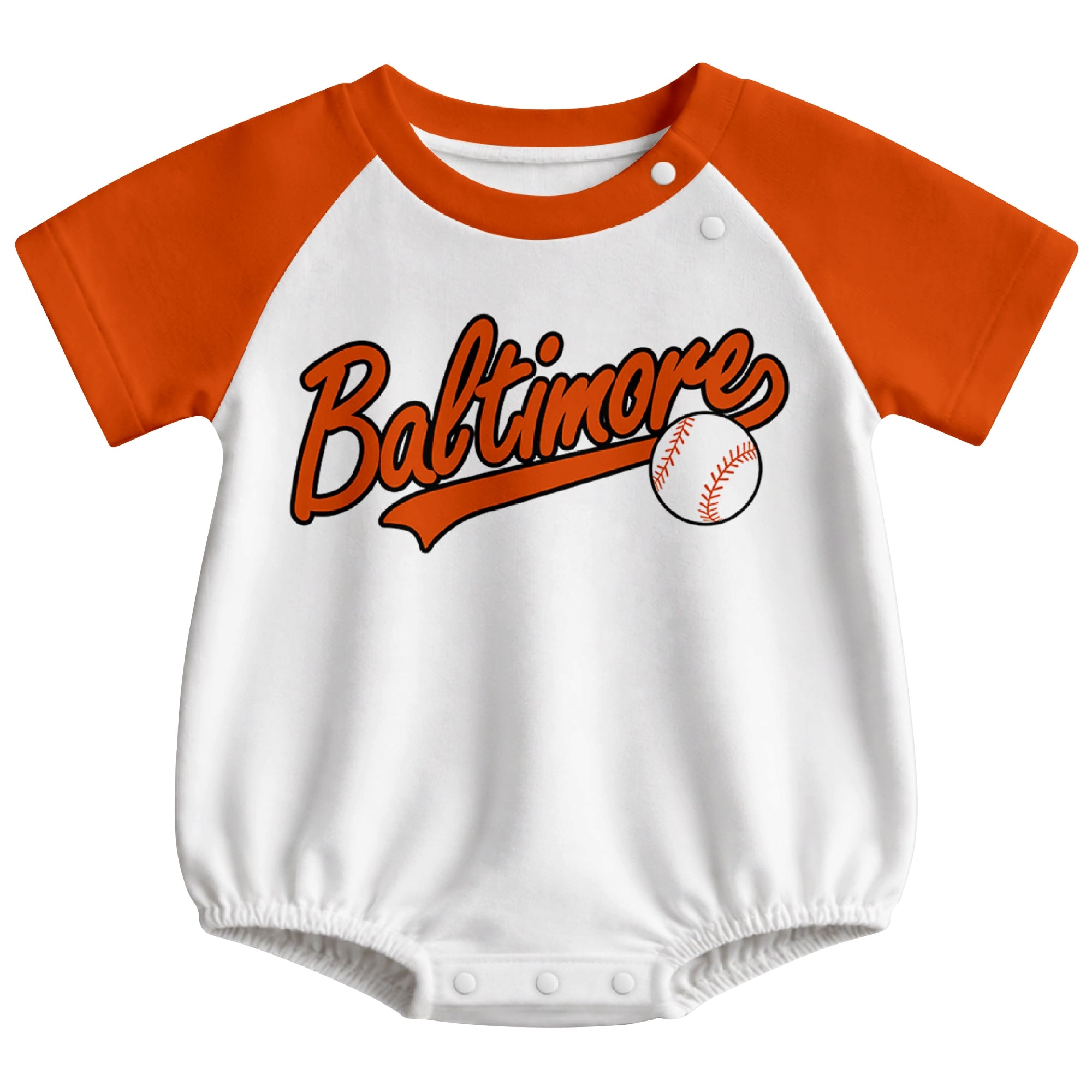 Baltimore baseball baby bodysuit front view in White color style