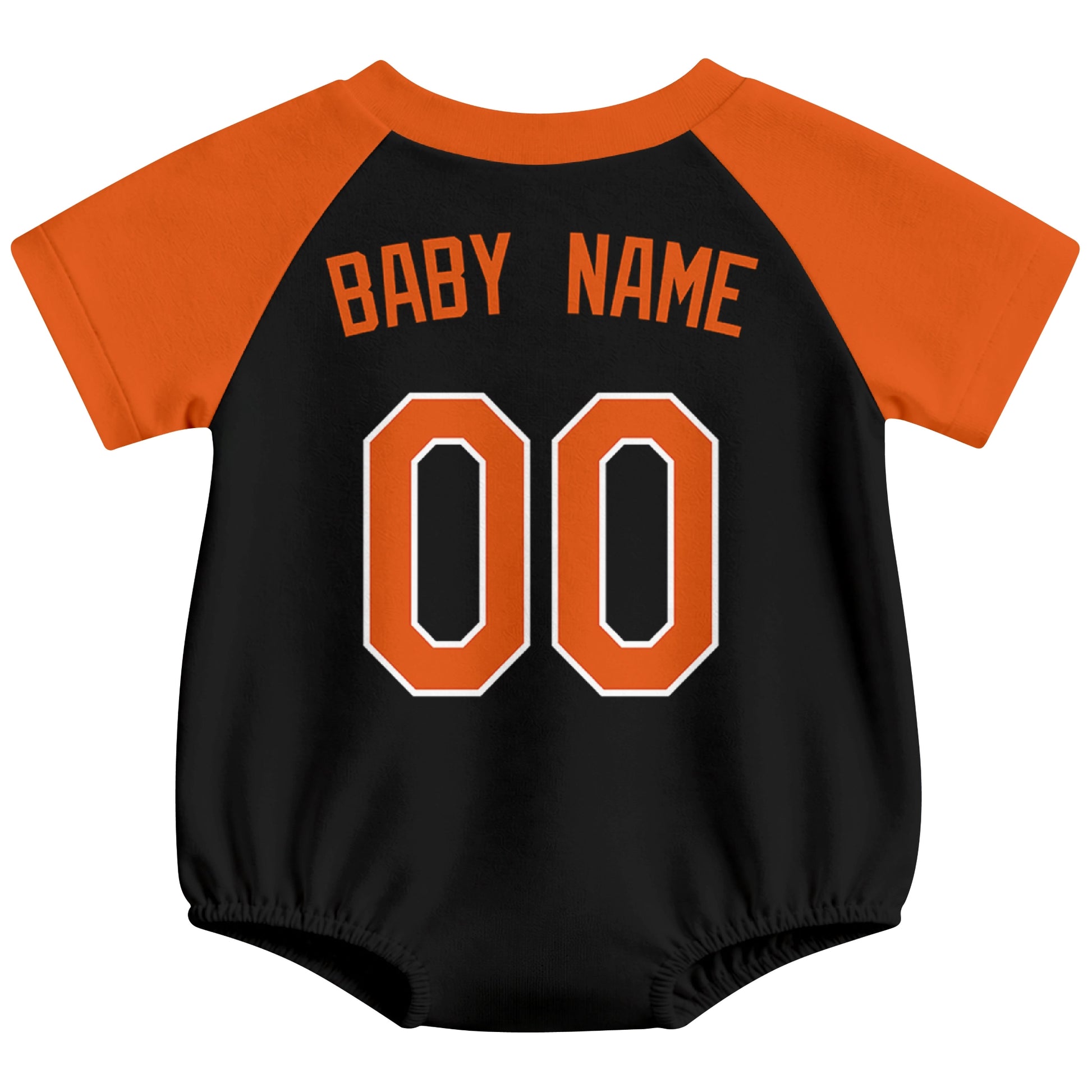 Baltimore baseball baby bodysuit back view in Black color style with custom baby name and number