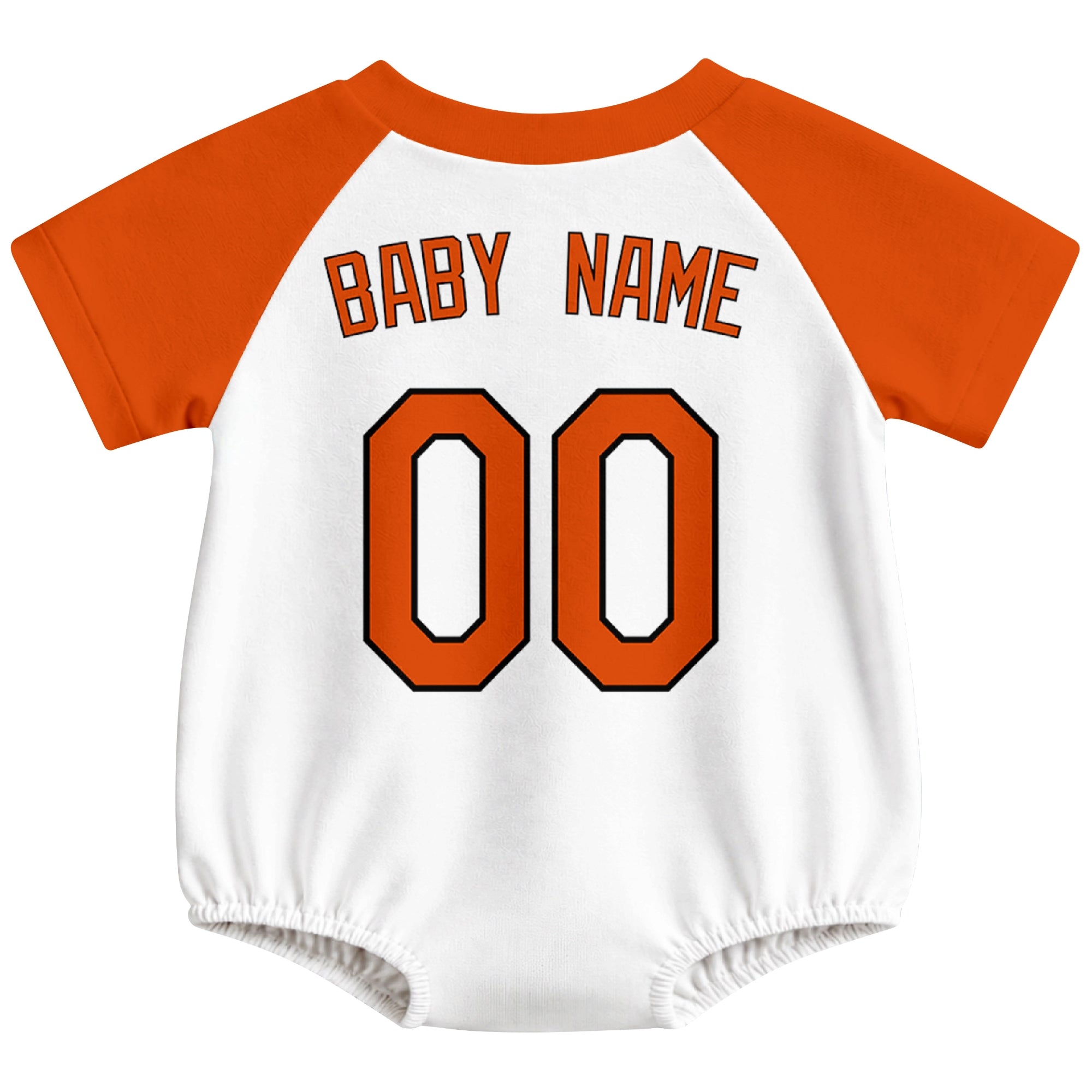 Baltimore baseball baby bodysuit back view in White color style with custom baby name and number