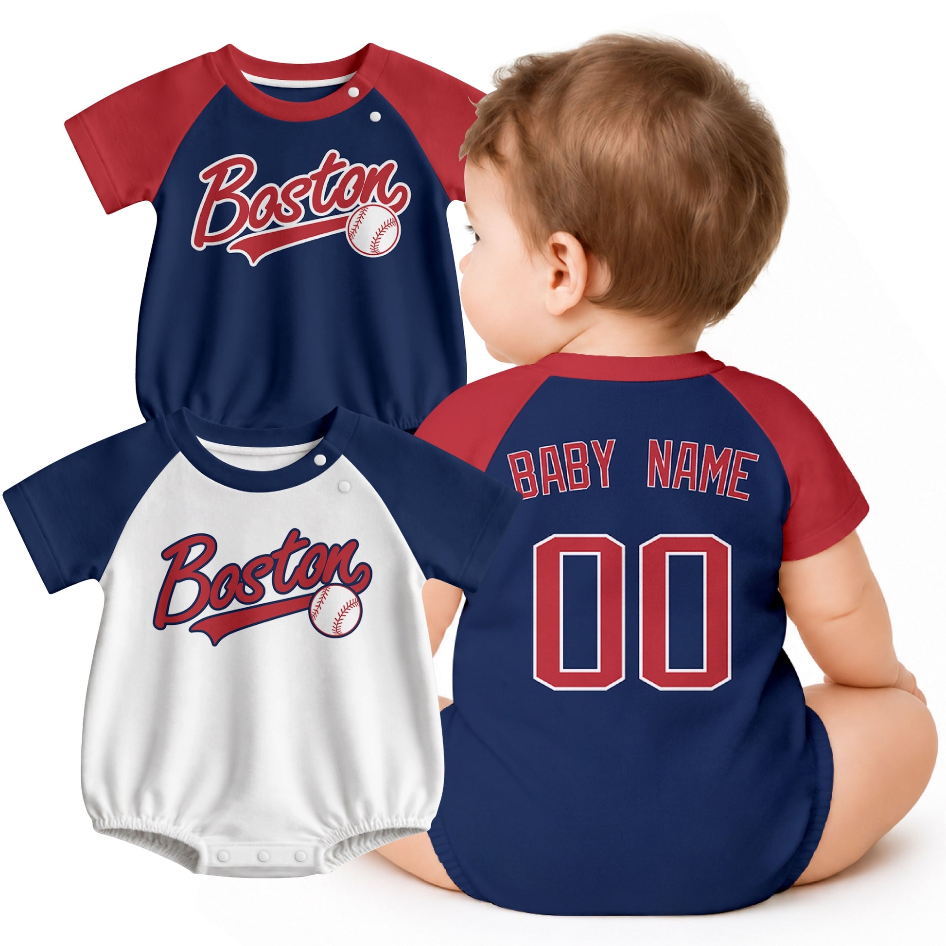 Personalized Boston baseball baby bodysuit shown on baby with city-color style