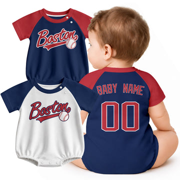 Personalized Boston baseball baby bodysuit shown on baby with city-color style