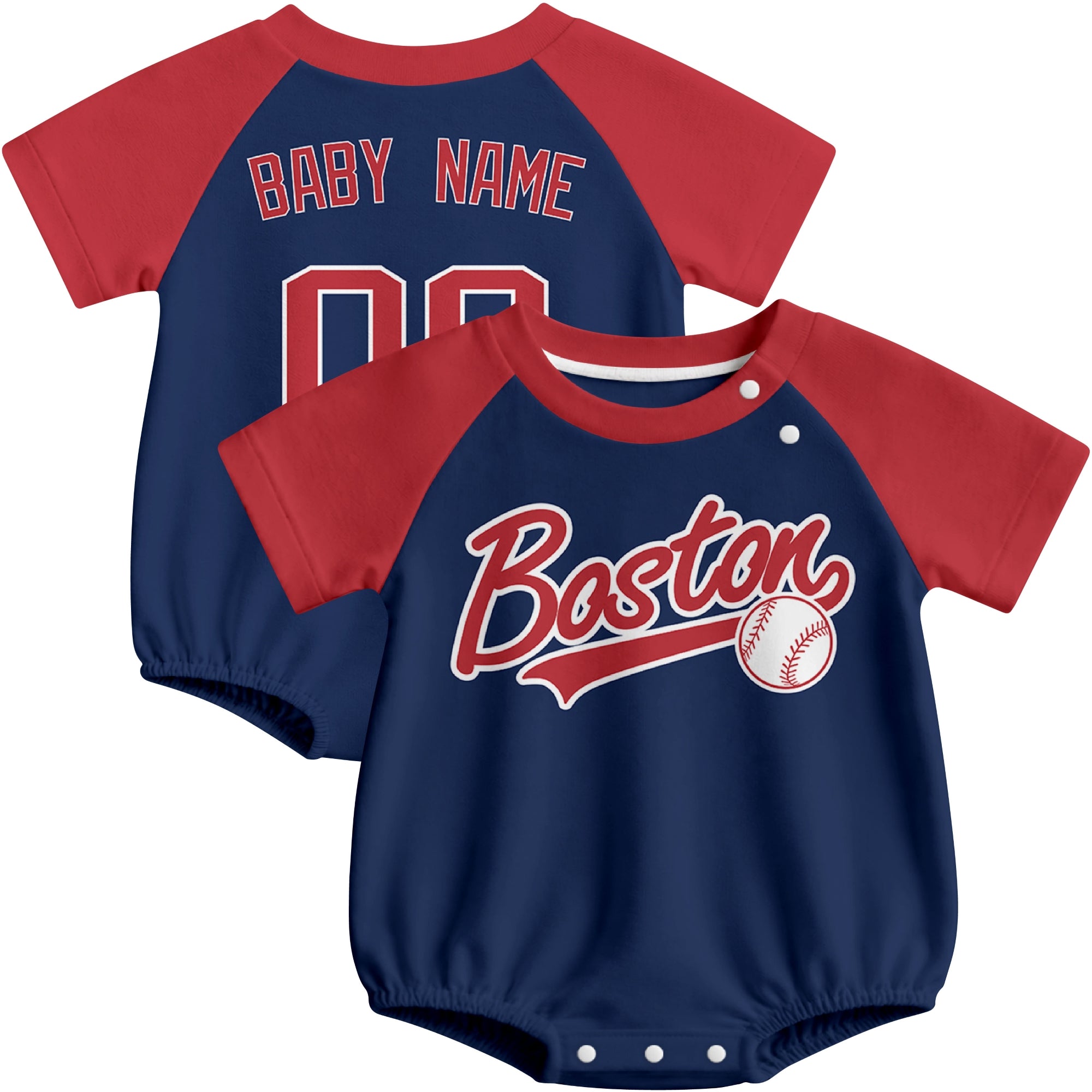 Boston baseball baby bodysuit front and back view in Navy color style