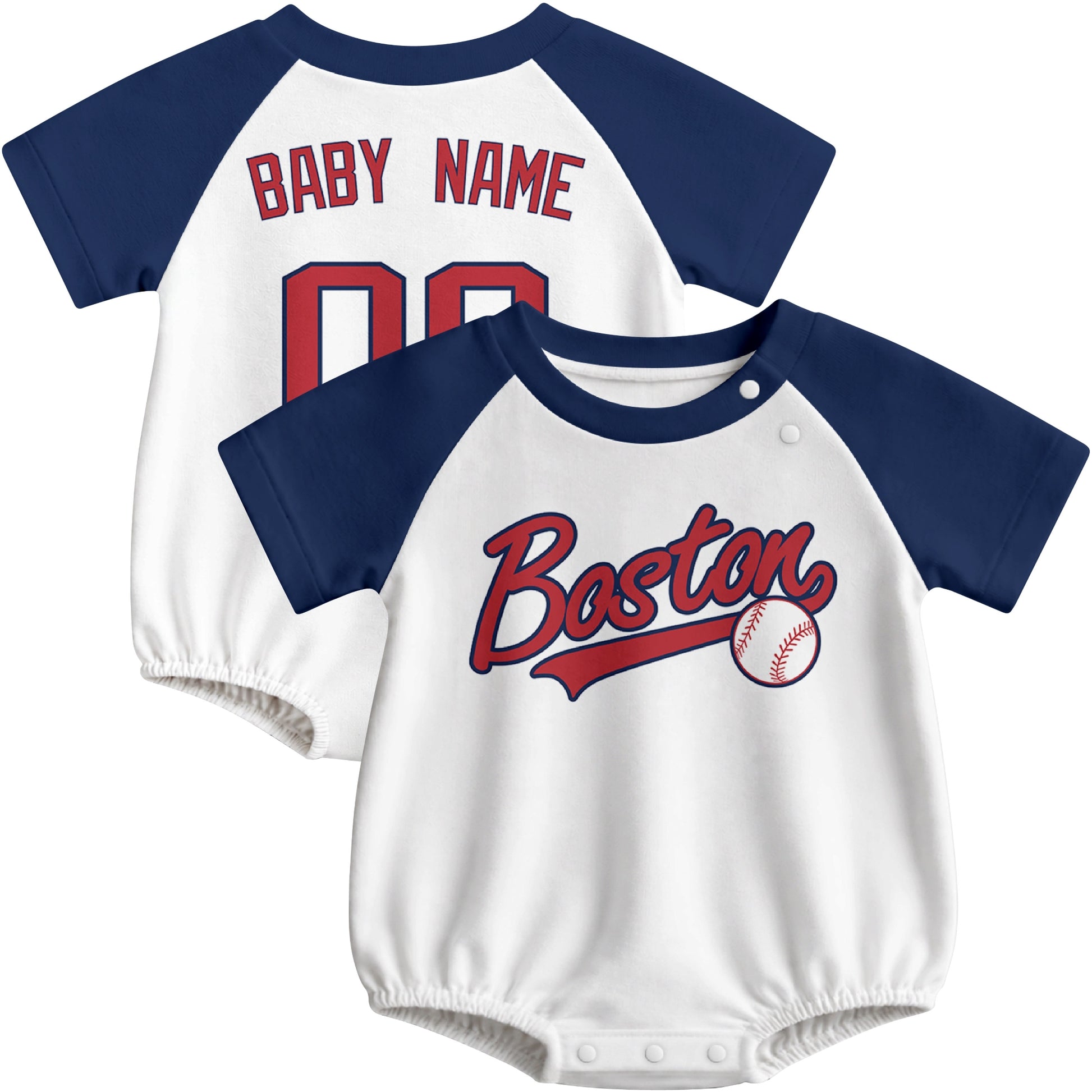 Boston baseball baby bodysuit front and back view in White color style