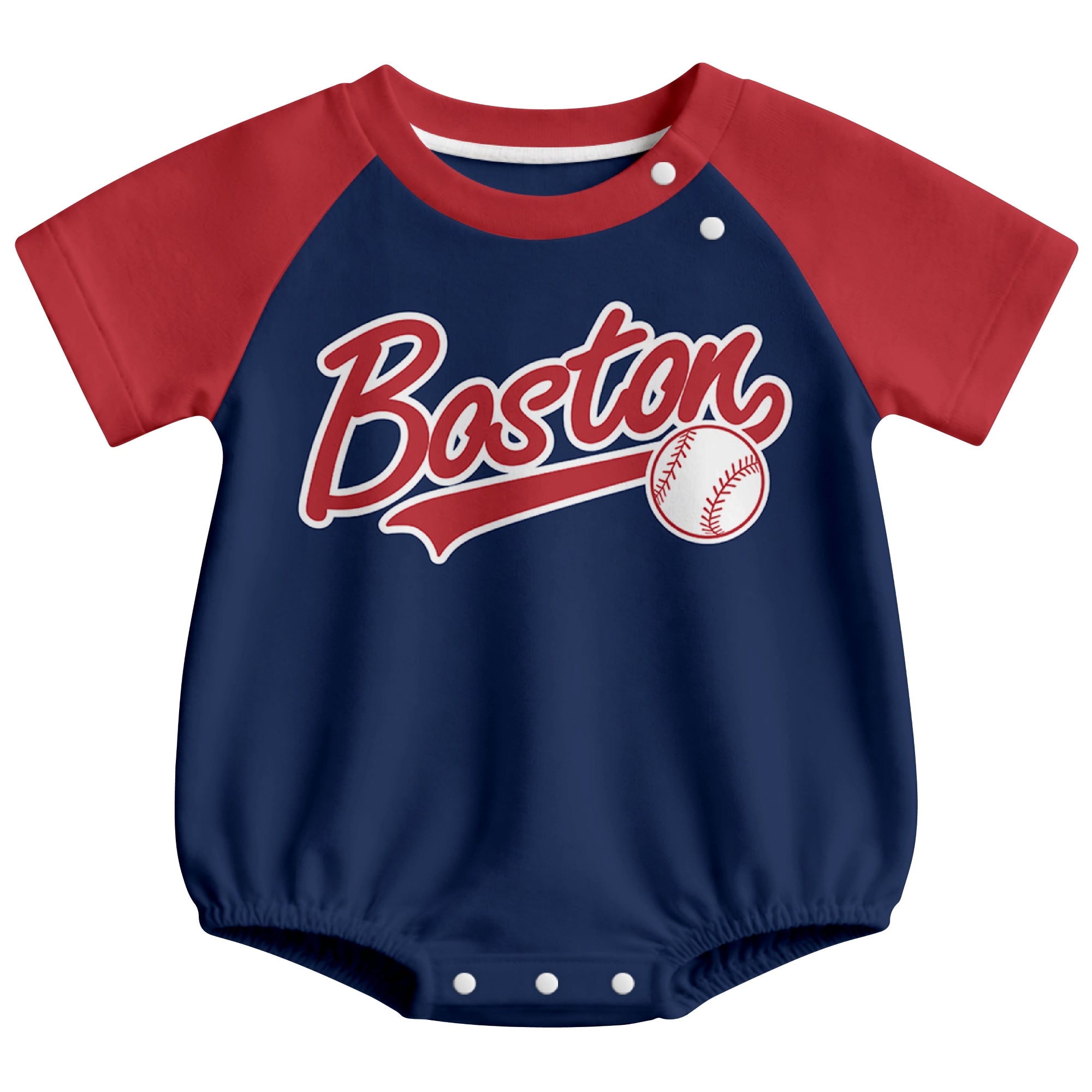 Boston baseball baby bodysuit front view in Navy color style