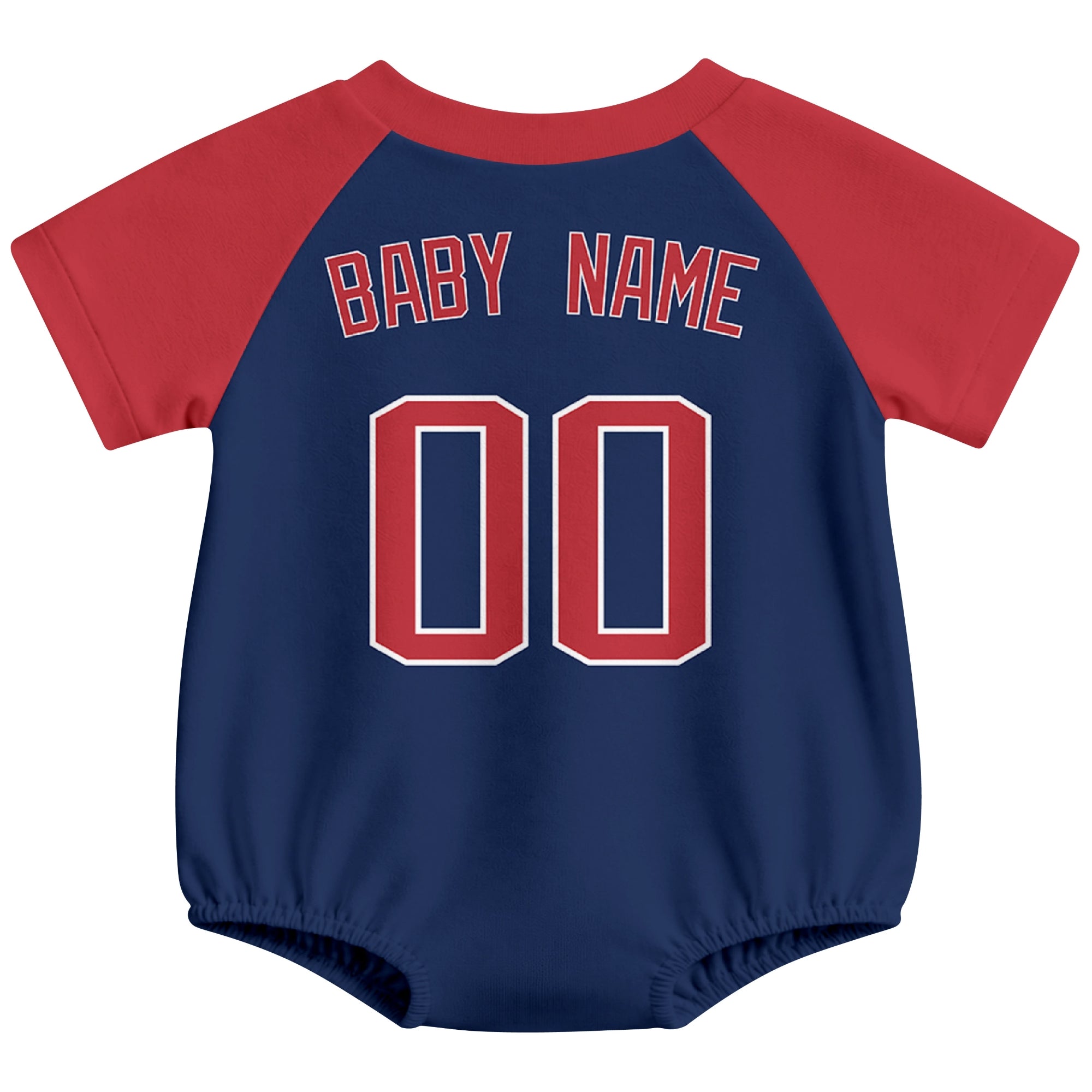 Boston baseball baby bodysuit back view in Navy color style with custom baby name and number