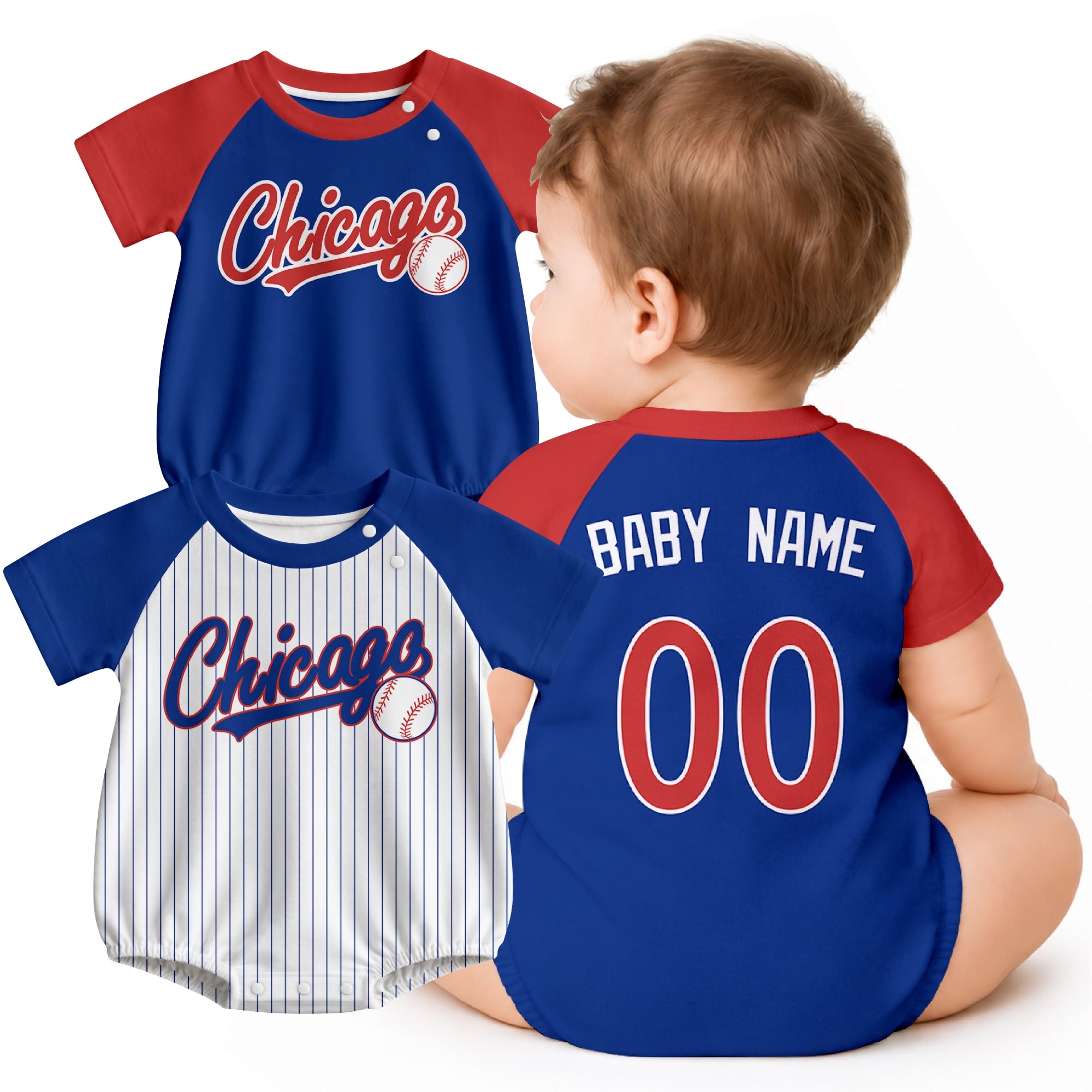 Personalized Chicago C baseball baby bodysuit shown on baby with city-color style