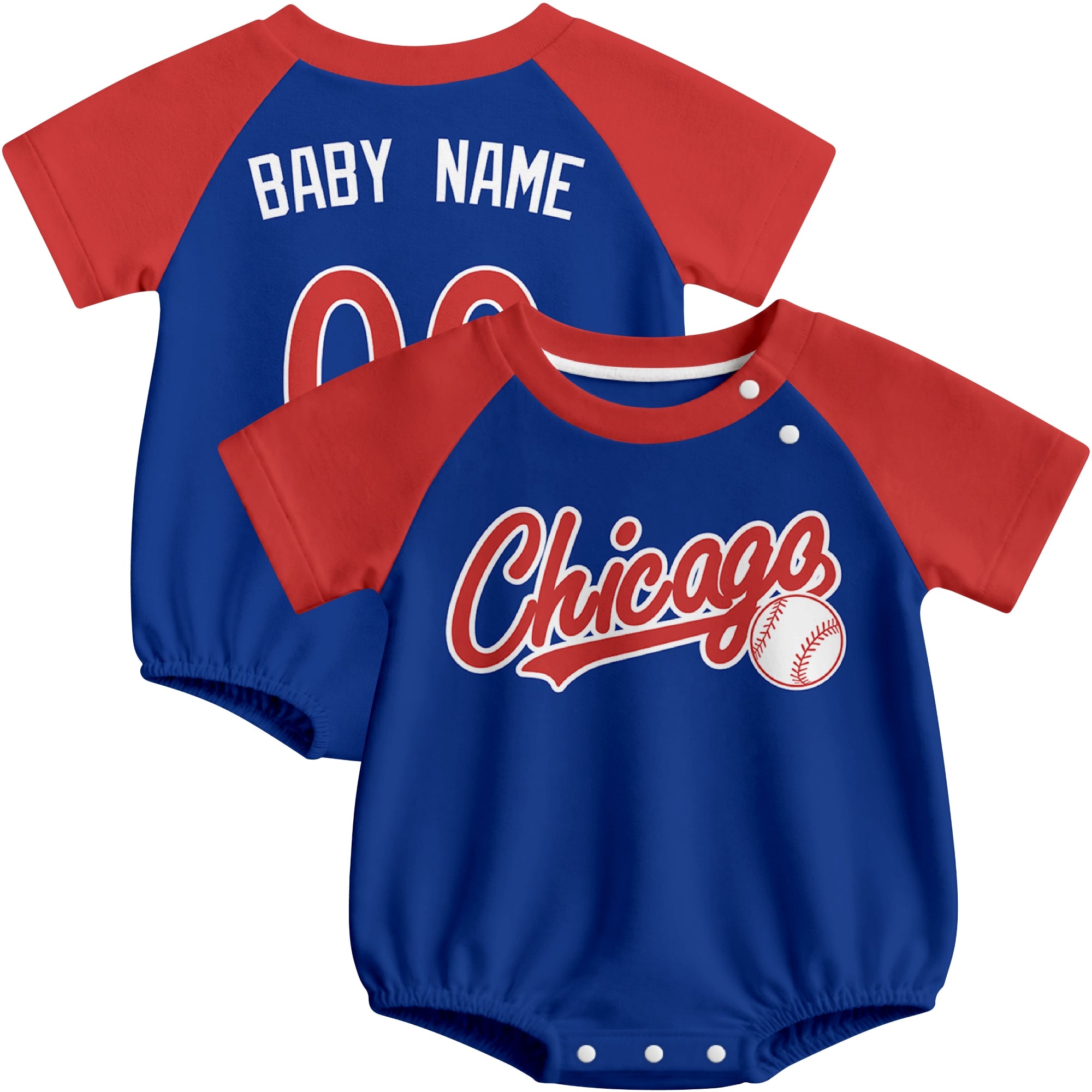 Chicago C baseball baby bodysuit front and back view in Royal color style