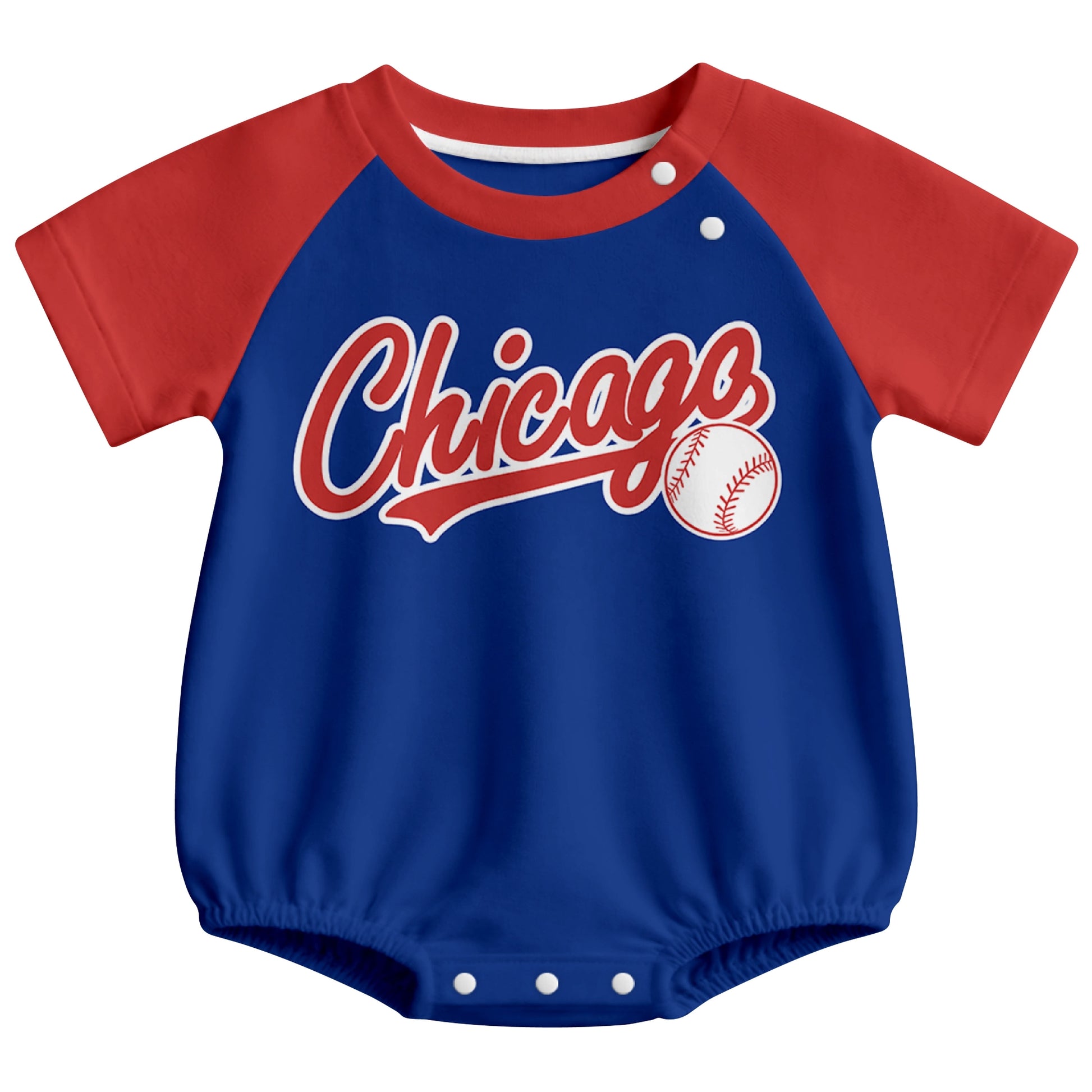 Chicago C baseball baby bodysuit front view in Royal color style