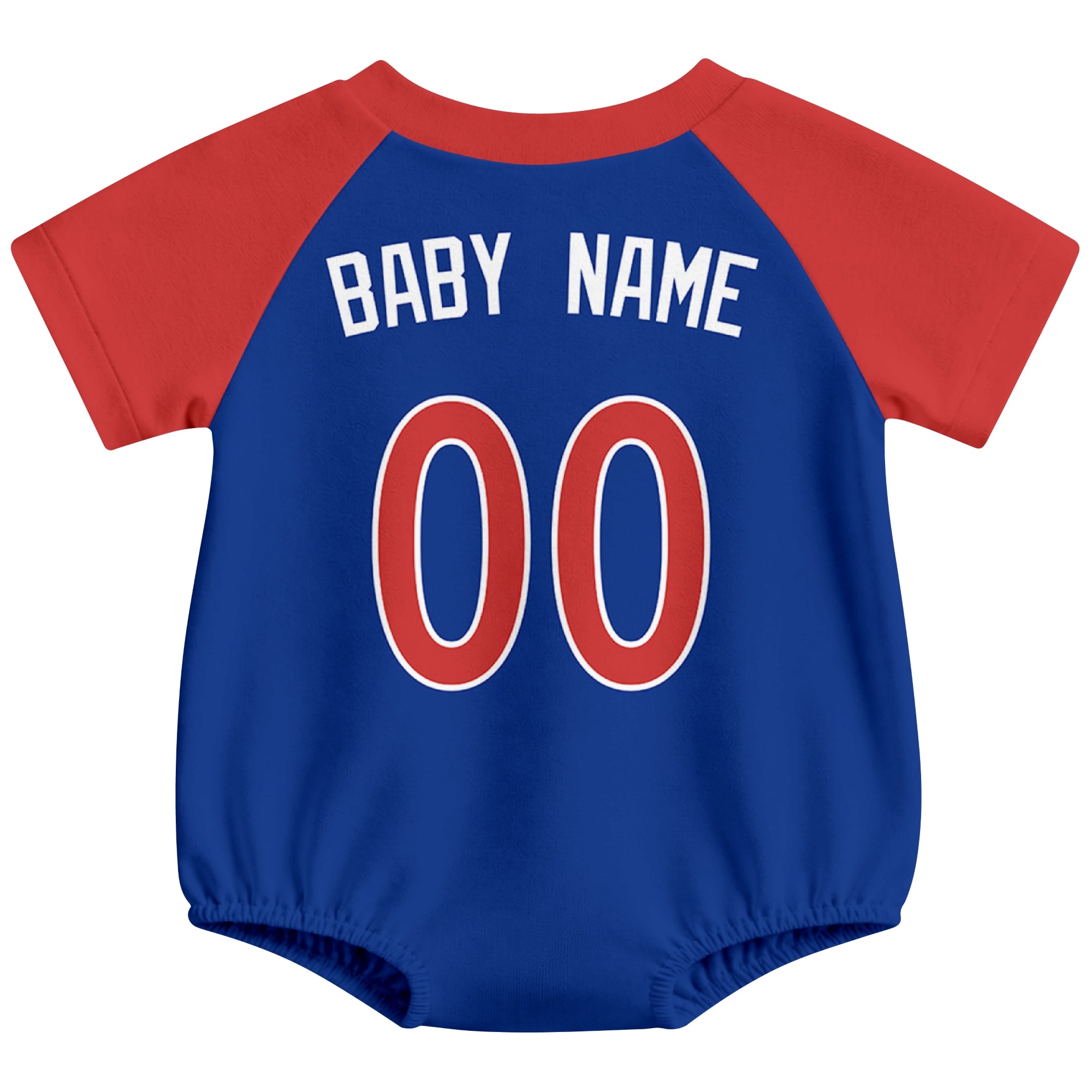 Chicago C baseball baby bodysuit back view in Royal color style with custom baby name and number