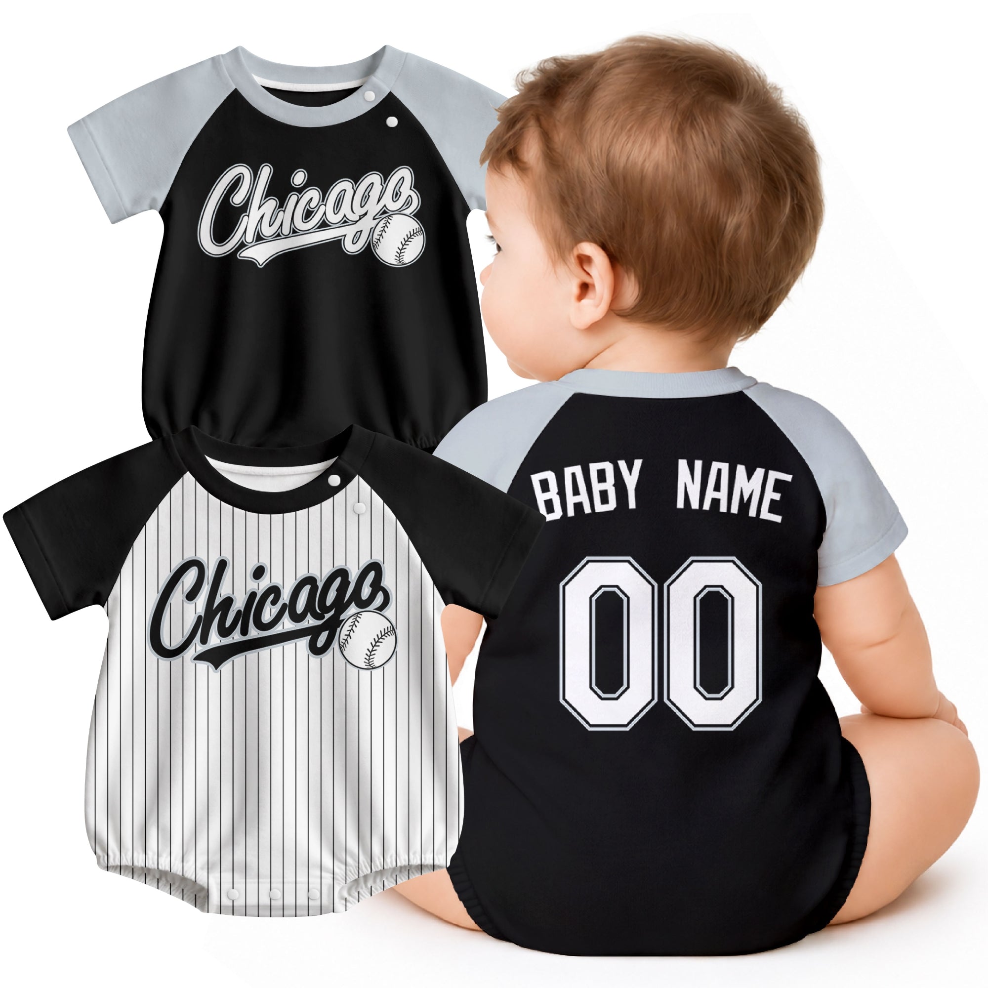 Personalized Chicago baseball baby bodysuit shown on baby with city-color style