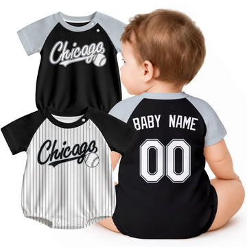 Personalized Chicago baseball baby bodysuit shown on baby with city-color style