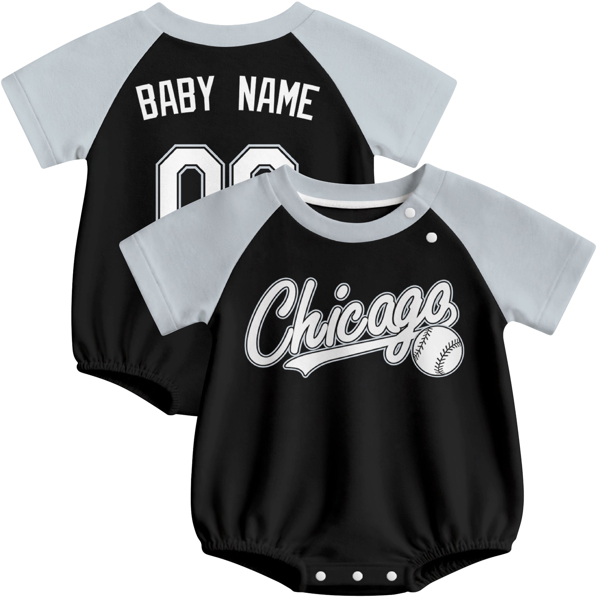 Chicago baseball baby bodysuit front and back view in Black color style