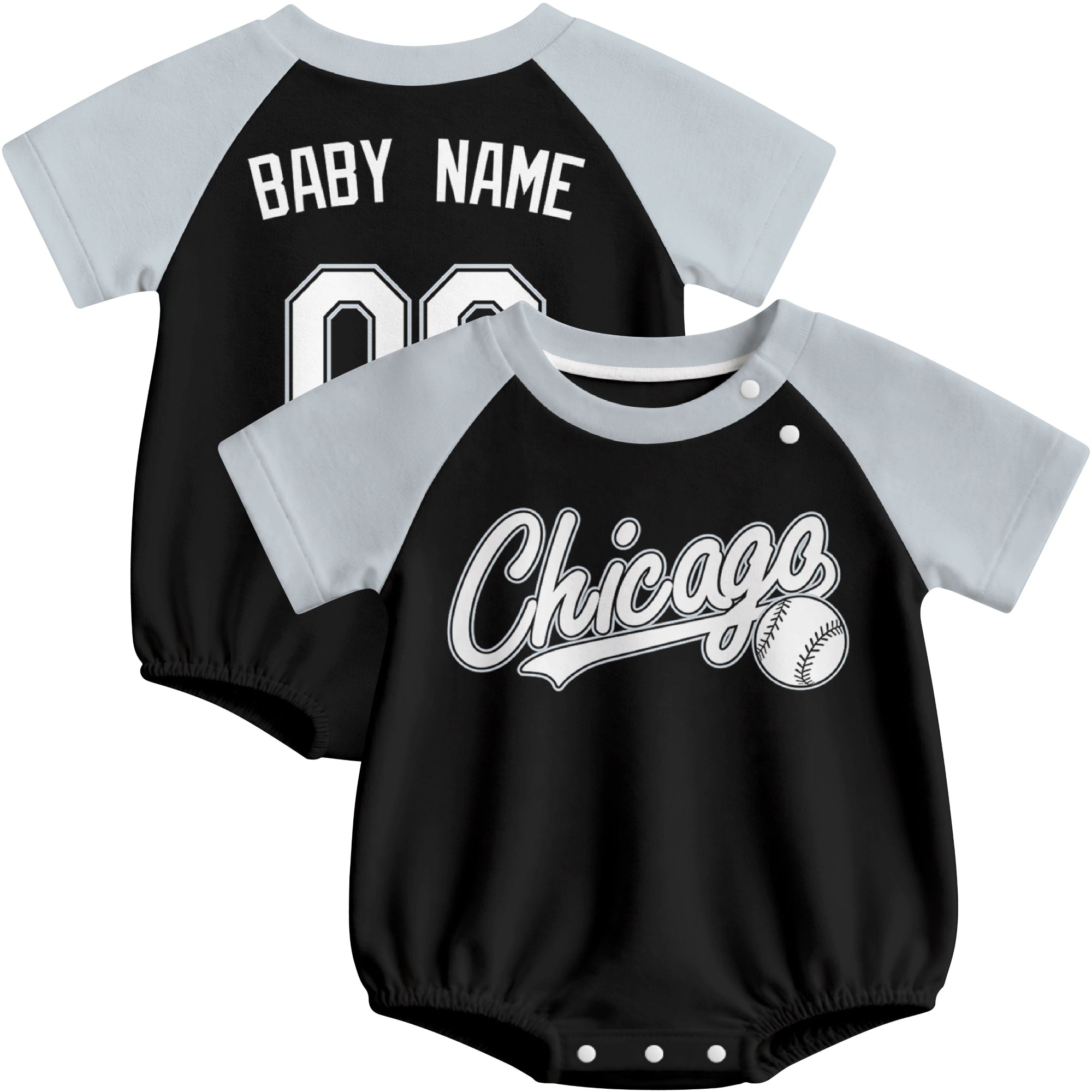 Chicago baseball baby bodysuit front and back view in Black color style