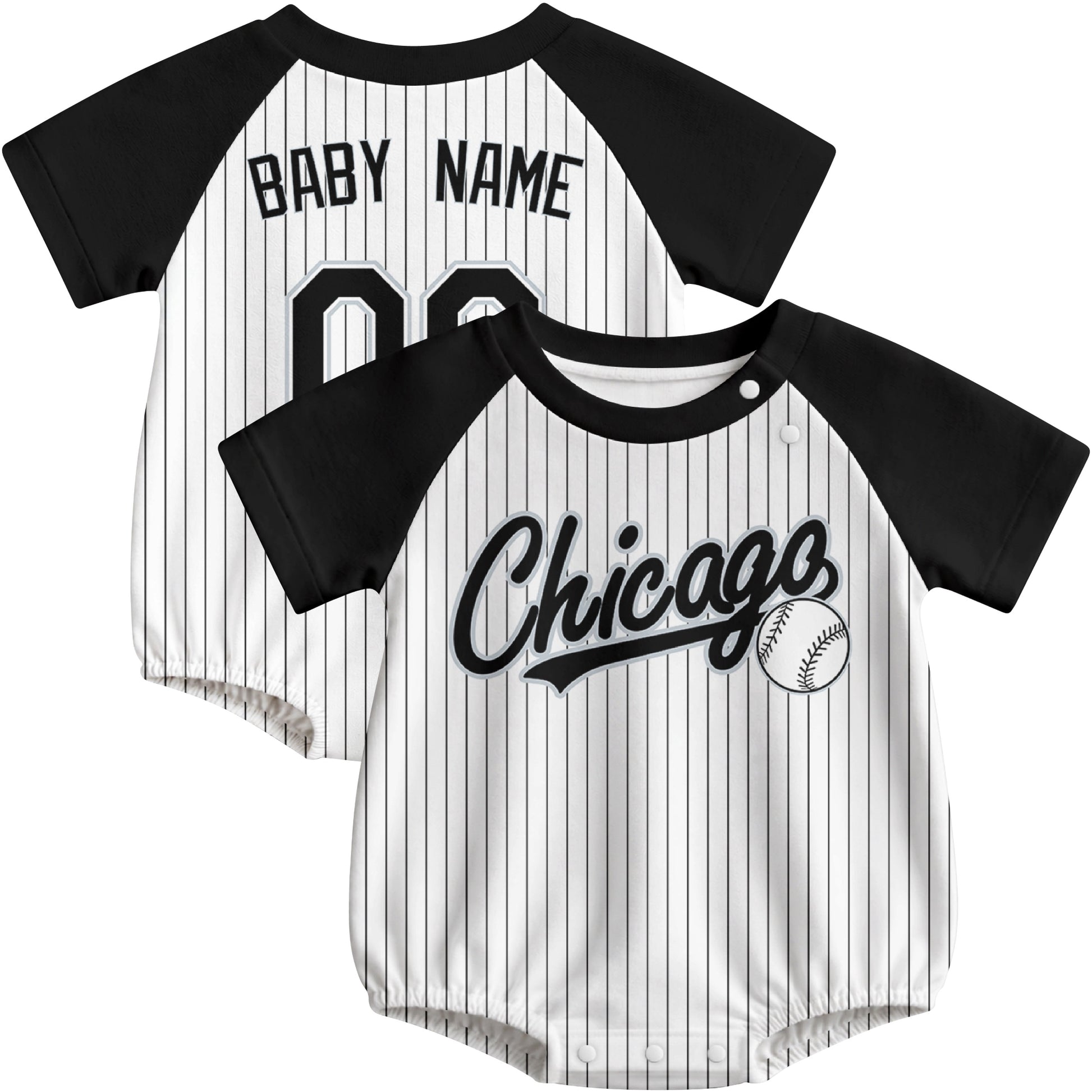Chicago baseball baby bodysuit front and back view in White color style