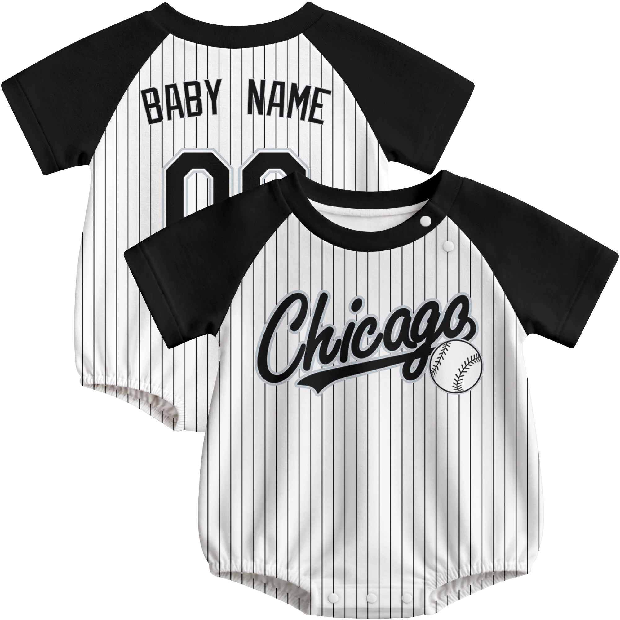 Chicago baseball baby bodysuit front and back view in White color style