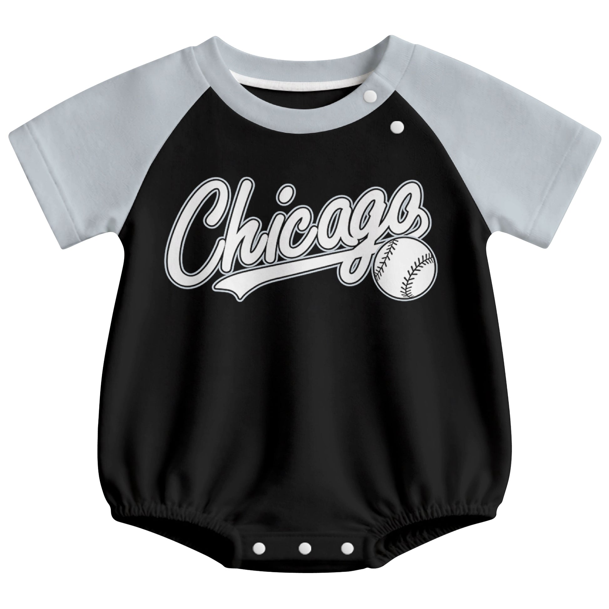 Chicago baseball baby bodysuit front view in Black color style