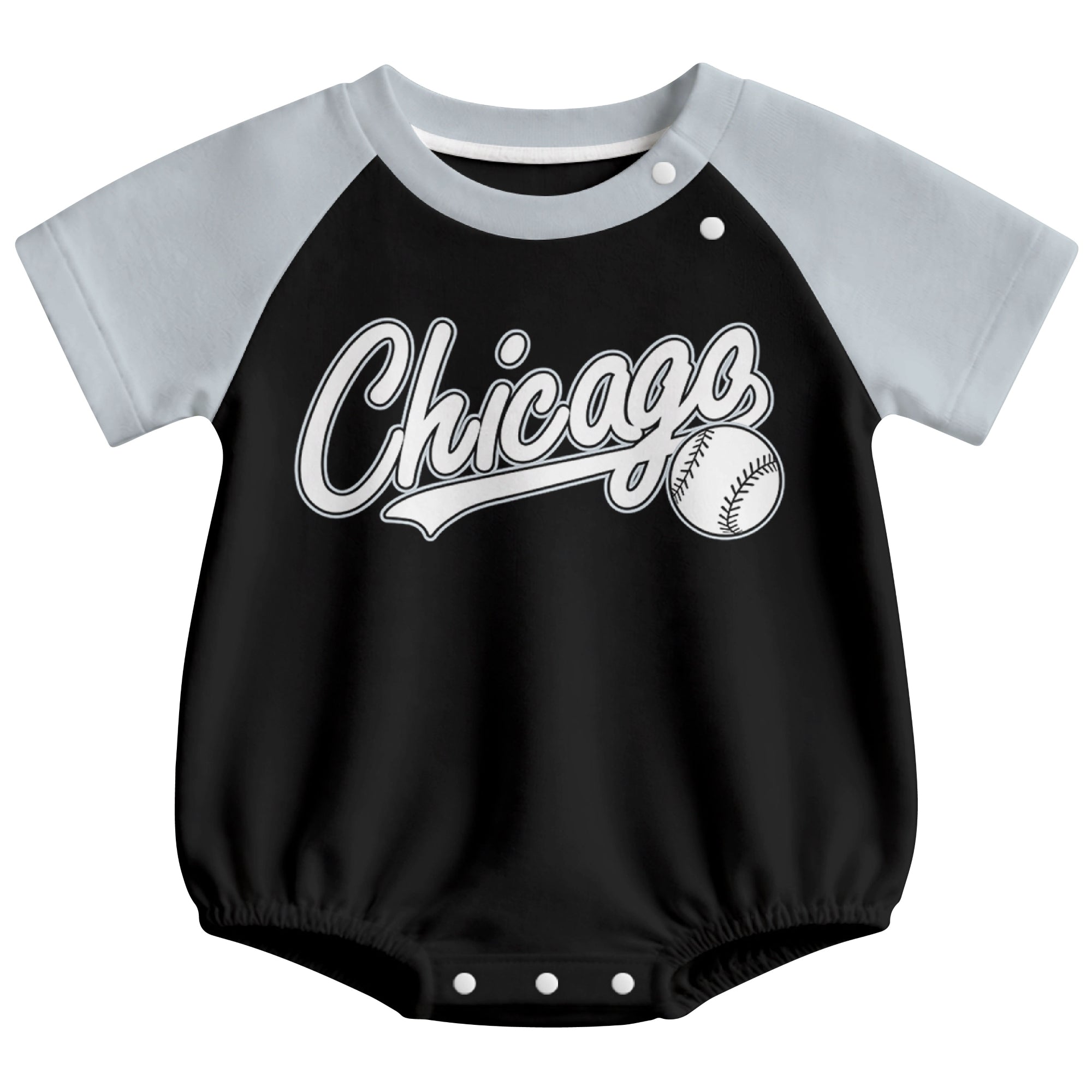 Chicago baseball baby bodysuit front view in Black color style