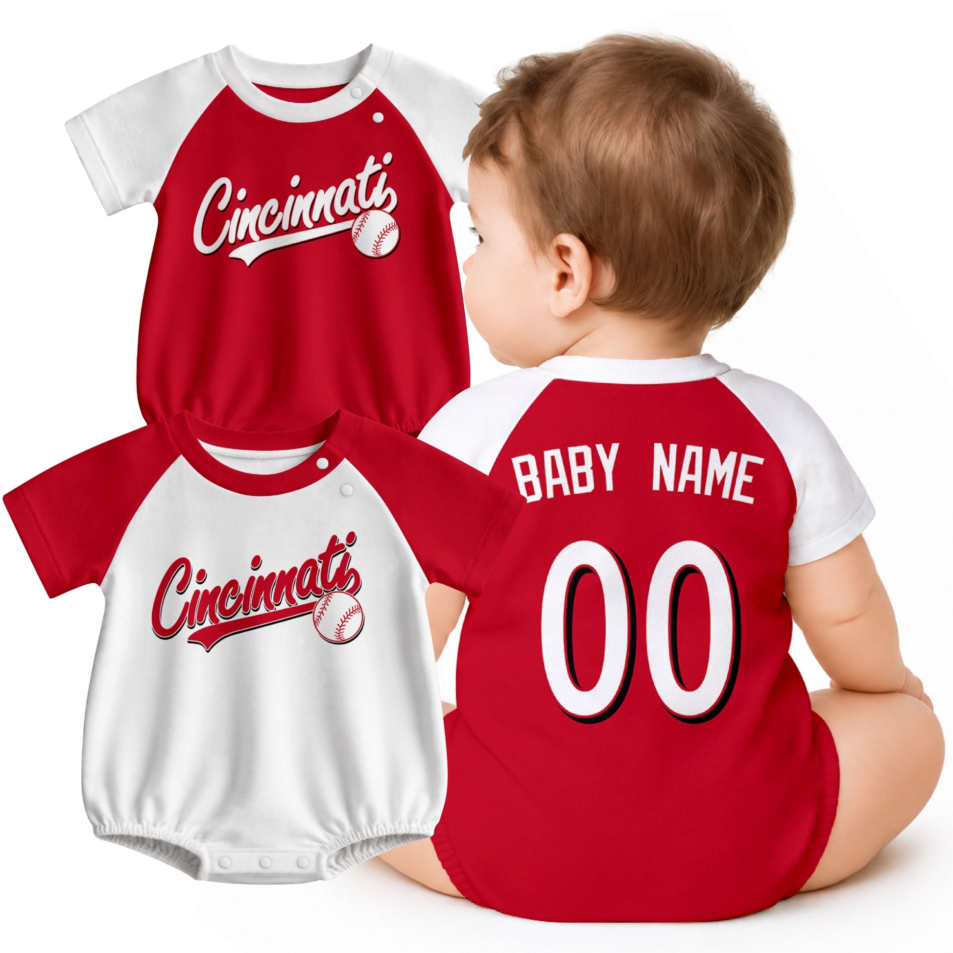 Personalized Cincinnati baseball baby bodysuit shown on baby with city-color style