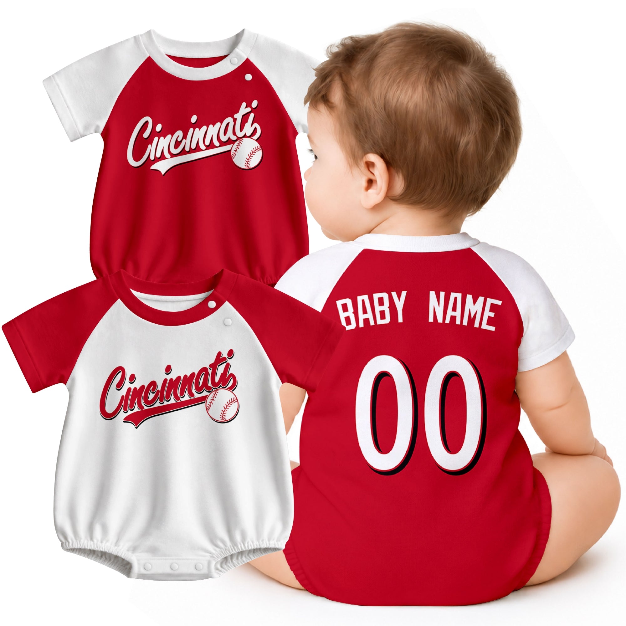 Personalized Cincinnati baseball baby bodysuit shown on baby with city-color style