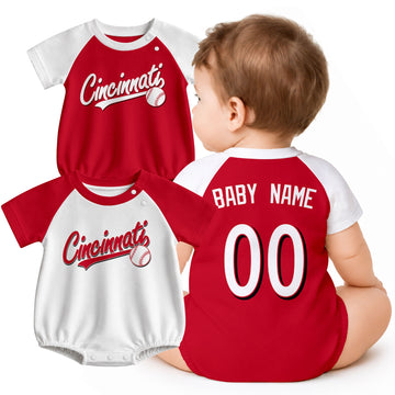 Personalized Cincinnati baseball baby bodysuit shown on baby with city-color style