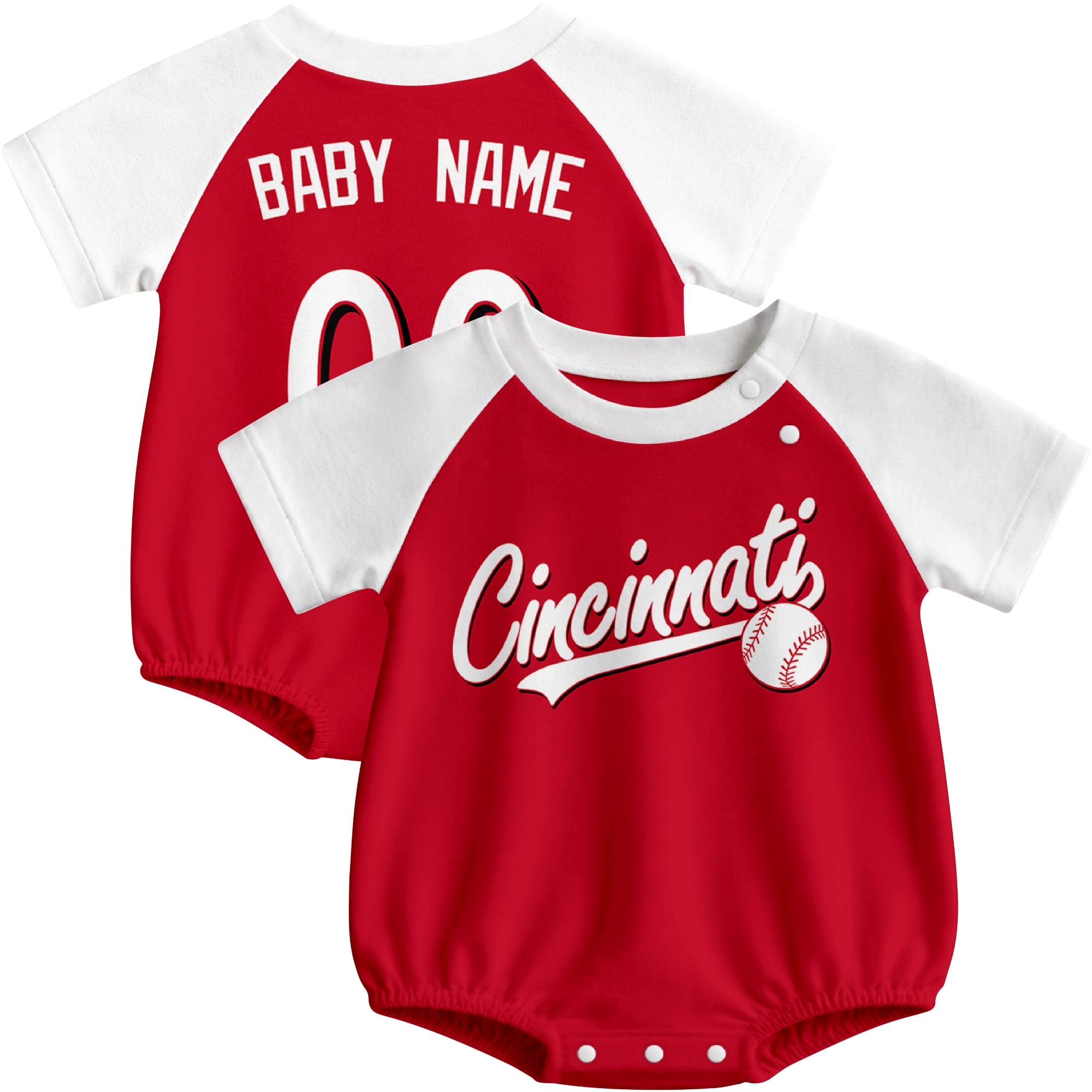 Cincinnati baseball baby bodysuit front and back view in Red color style