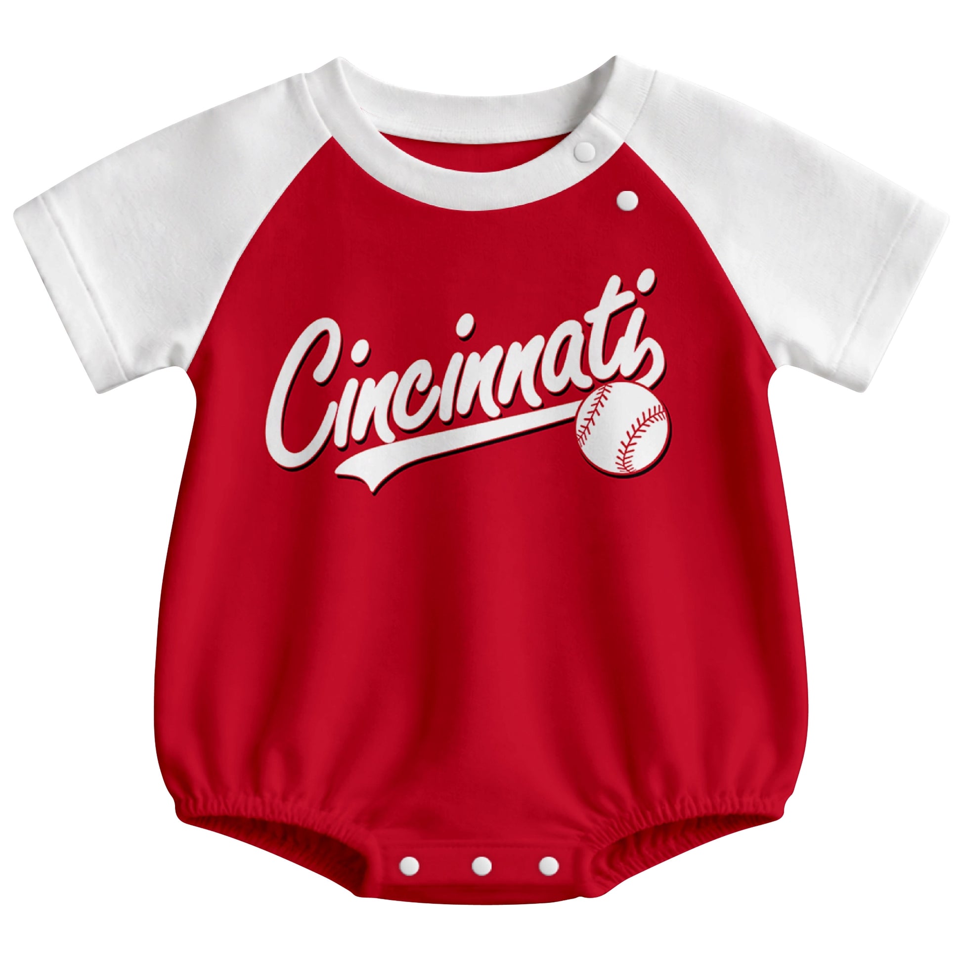 Cincinnati baseball baby bodysuit front view in Red color style