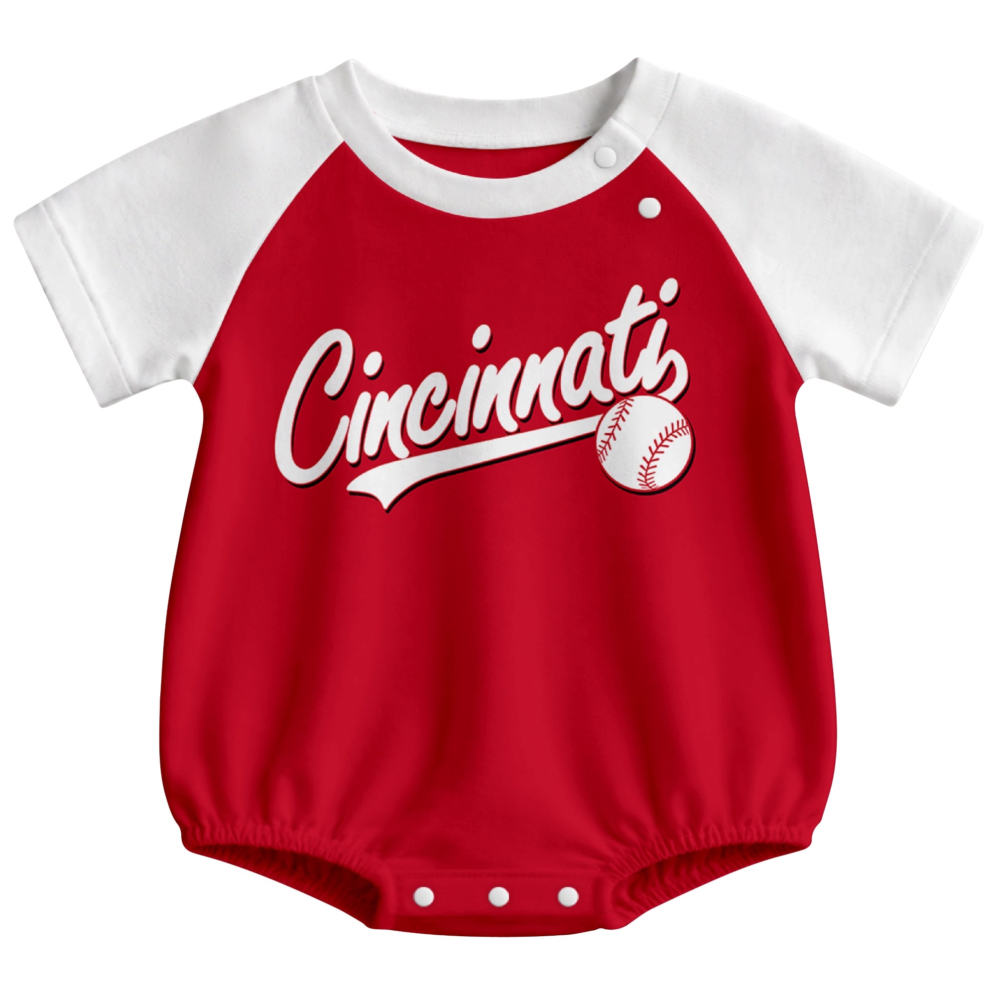 Cincinnati baseball baby bodysuit front view in Red color style