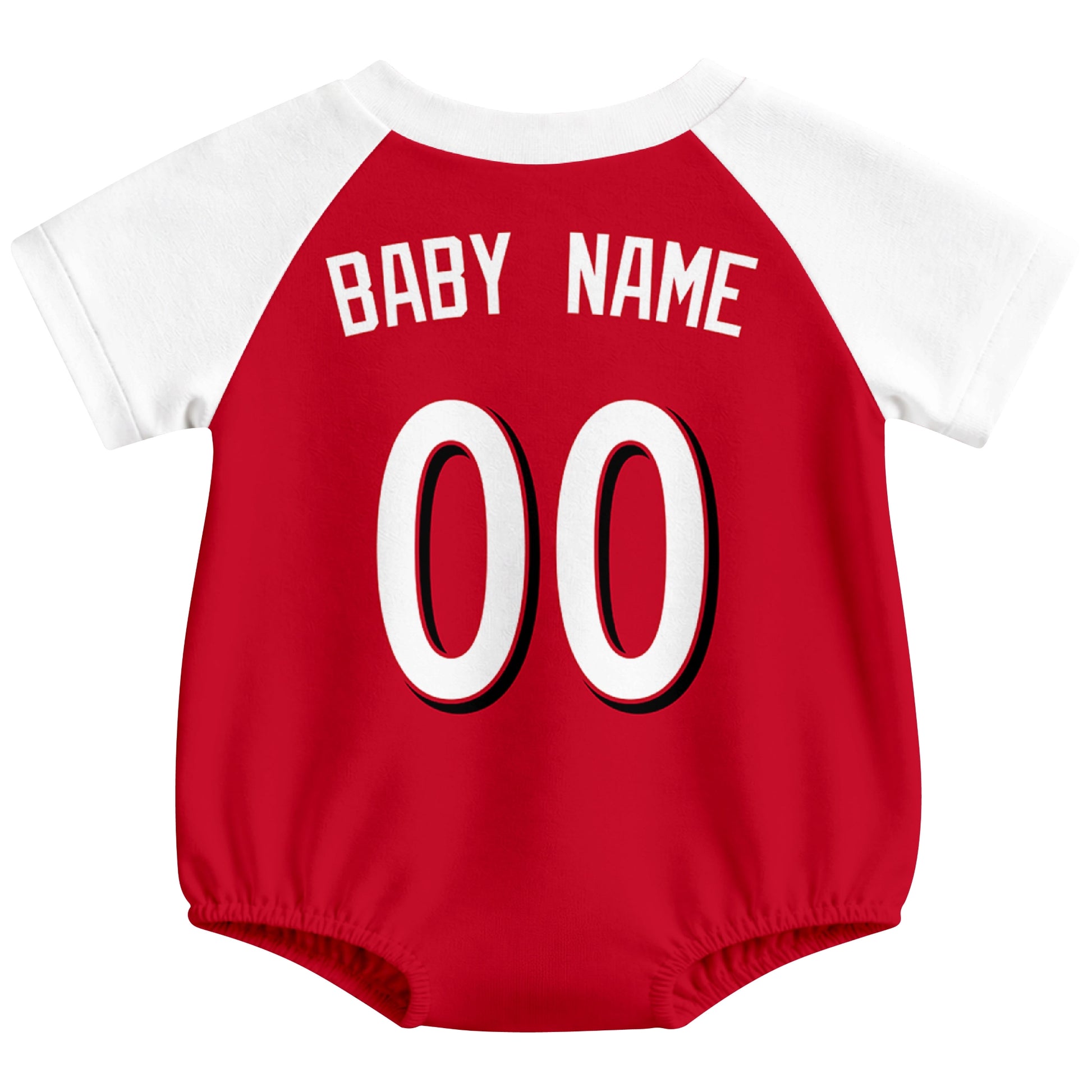 Cincinnati baseball baby bodysuit back view in Red color style with custom baby name and number