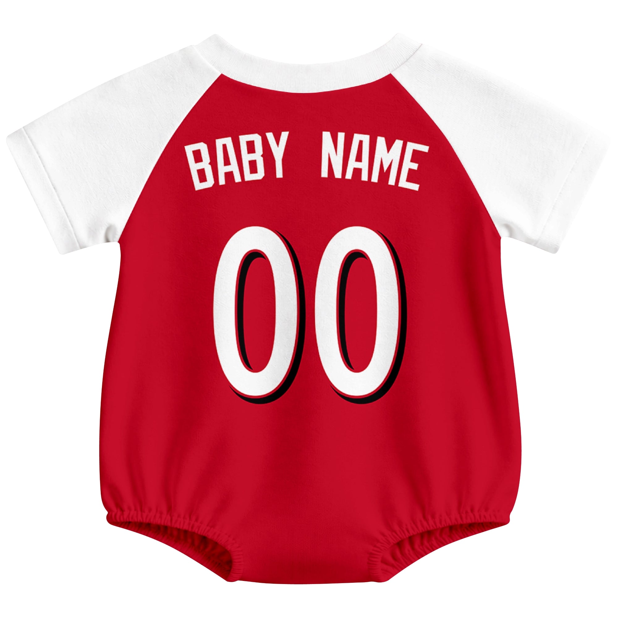 Cincinnati baseball baby bodysuit back view in Red color style with custom baby name and number