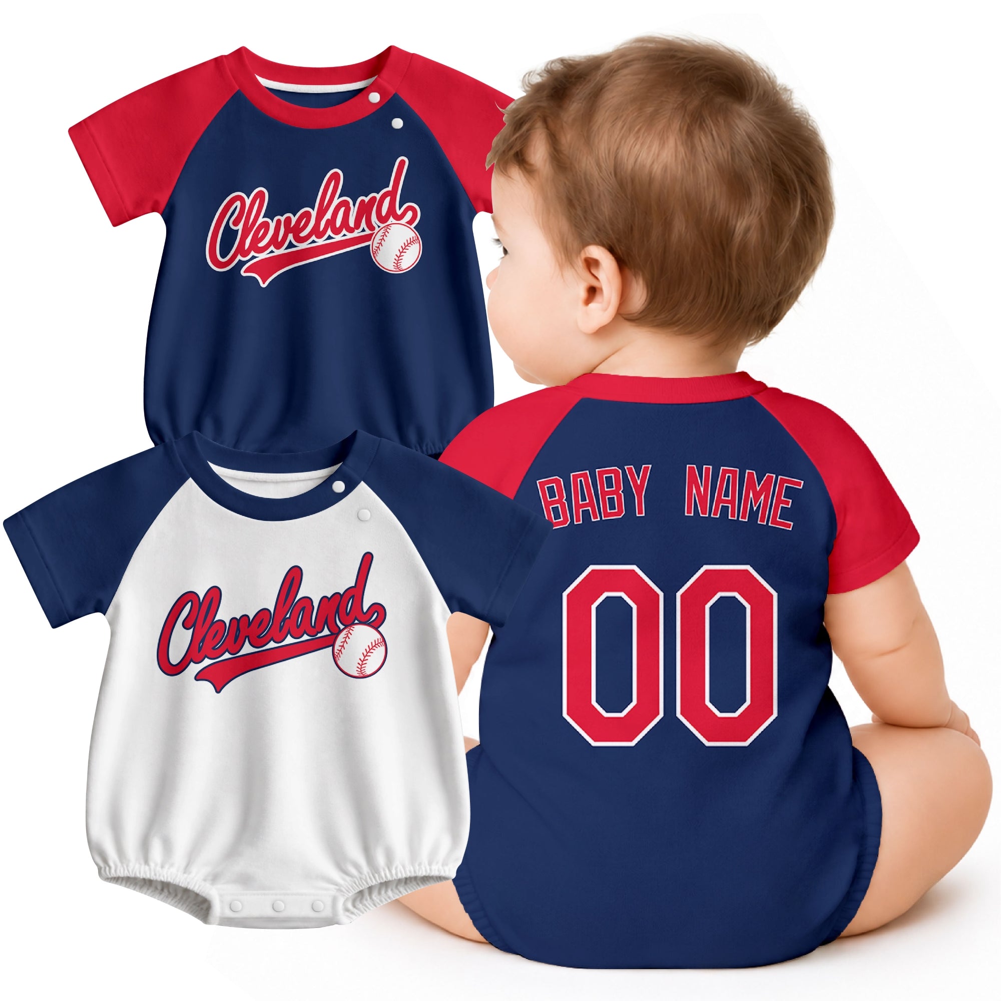 Personalized Cleveland baseball baby bodysuit shown on baby with city-color style