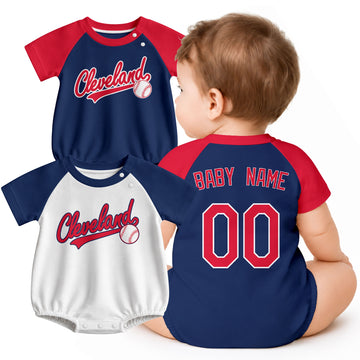 Personalized Cleveland baseball baby bodysuit shown on baby with city-color style