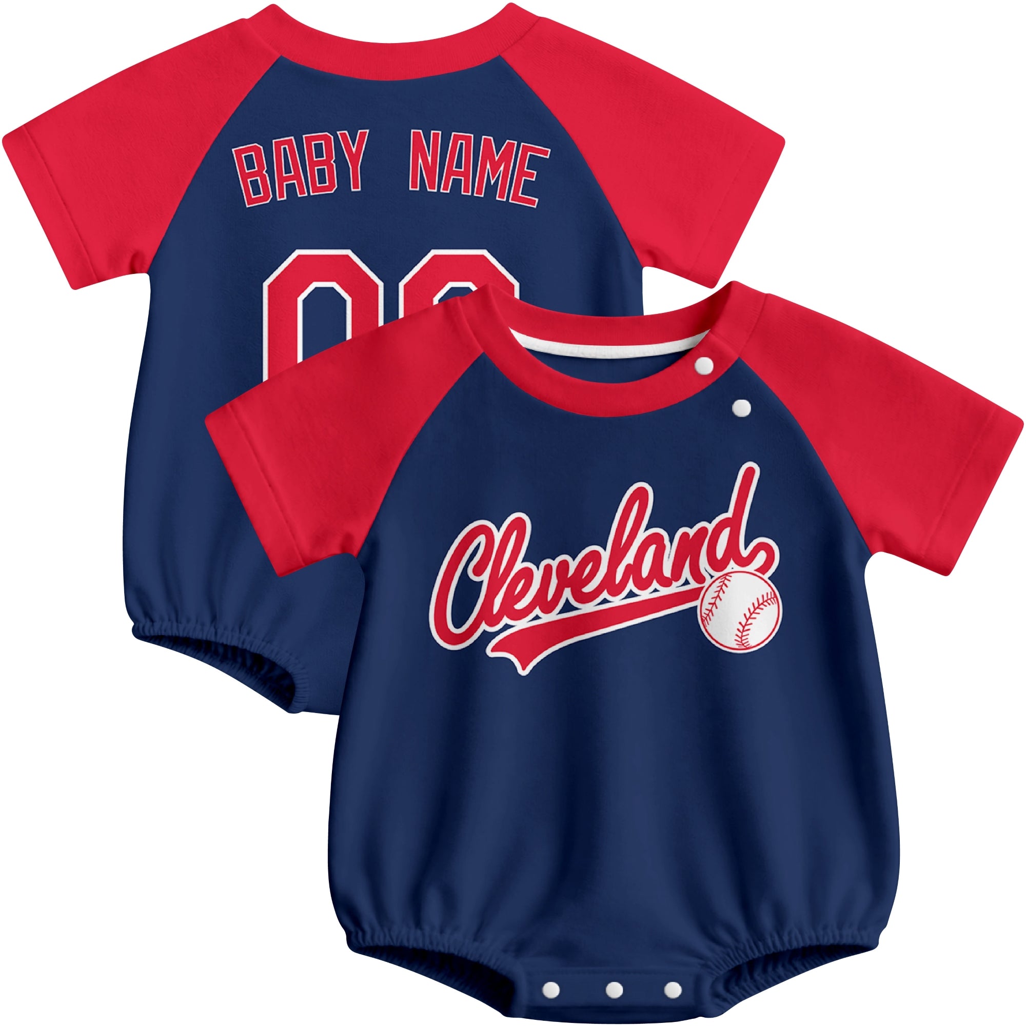 Cleveland baseball baby bodysuit front and back view in Navy color style