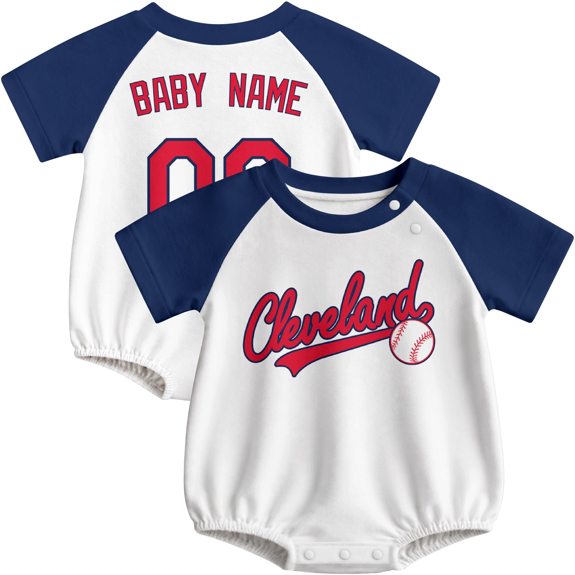 Cleveland baseball baby bodysuit front and back view in White color style