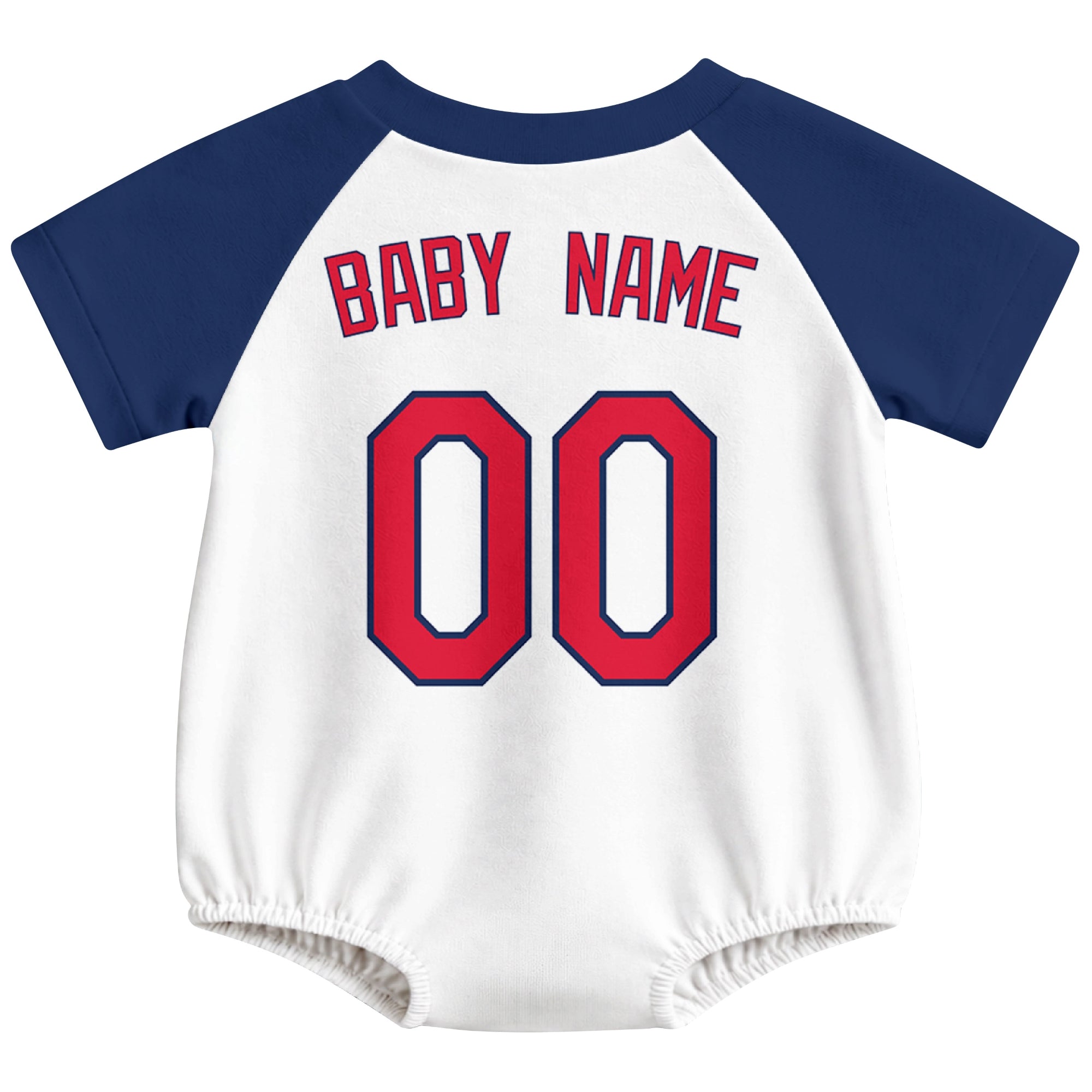 Cleveland baseball baby bodysuit back view in White color style with custom baby name and number