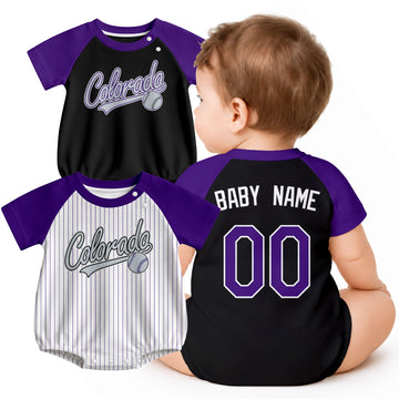 Personalized Colorado baseball baby bodysuit shown on baby with city-color style
