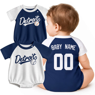 Personalized Detroit baseball baby bodysuit shown on baby with city-color style
