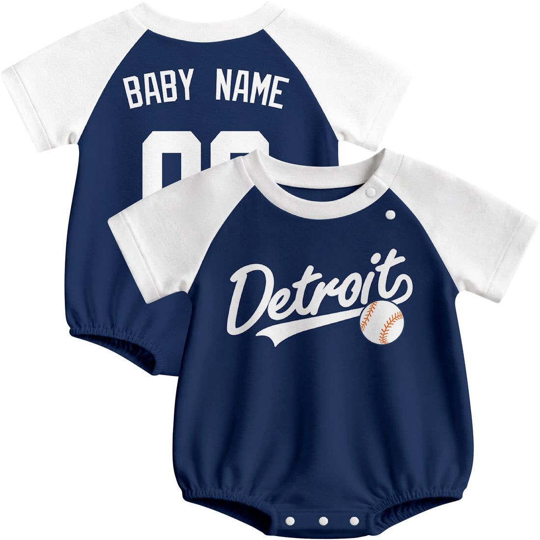 Personalized Detroit baseball baby bodysuit shown on baby with city-color style