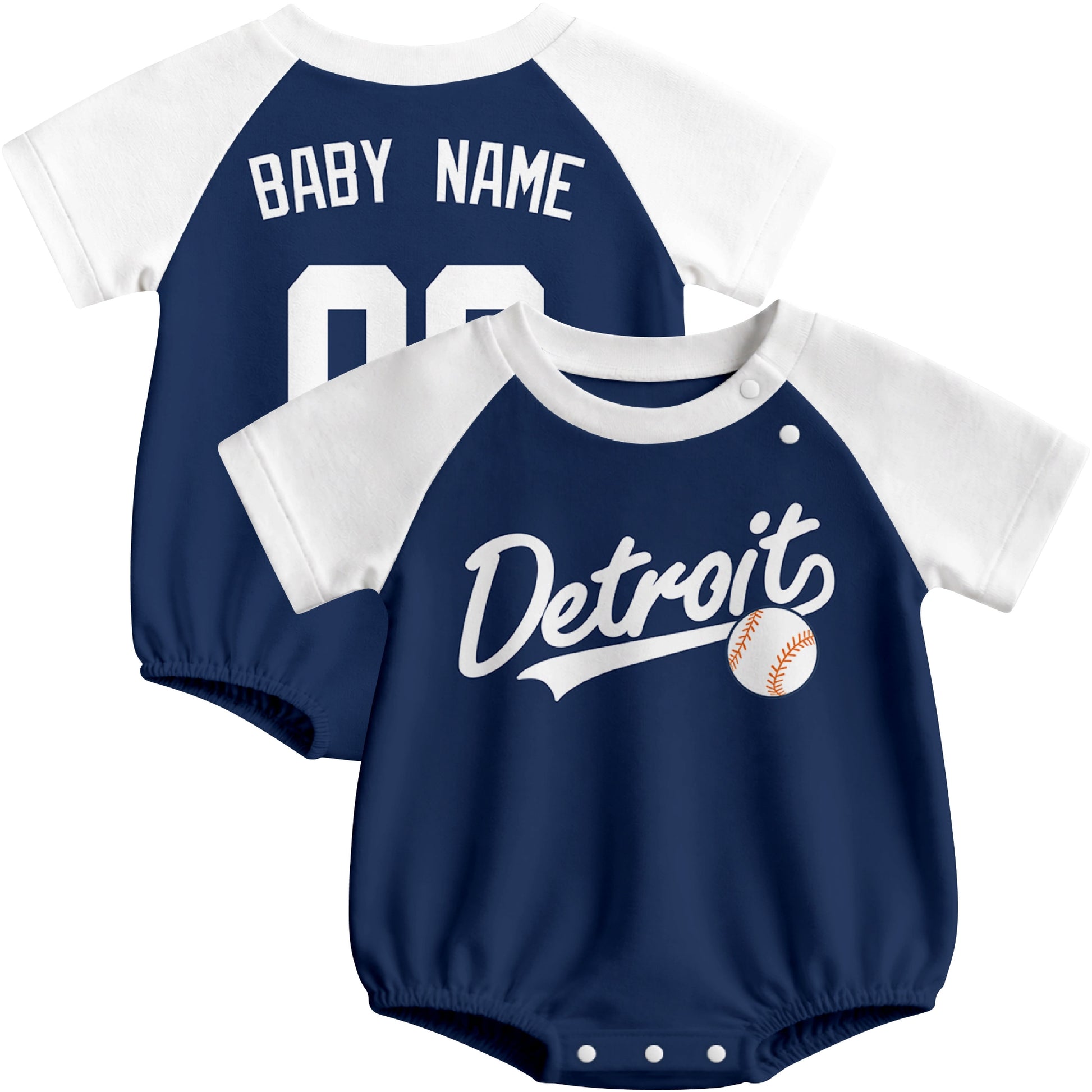 Detroit baseball baby bodysuit front and back view in Navy color style