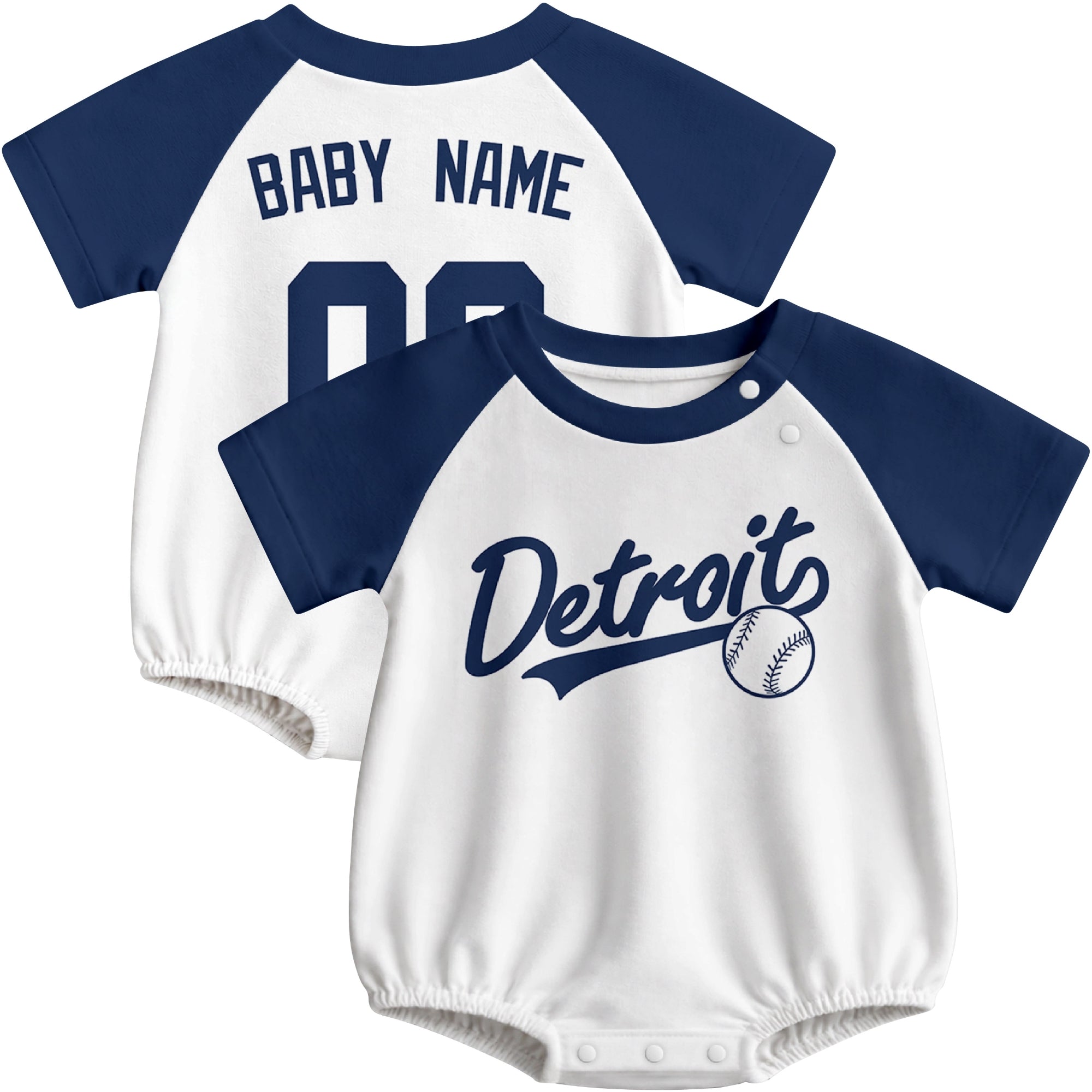 Detroit baseball baby bodysuit front and back view in White color style