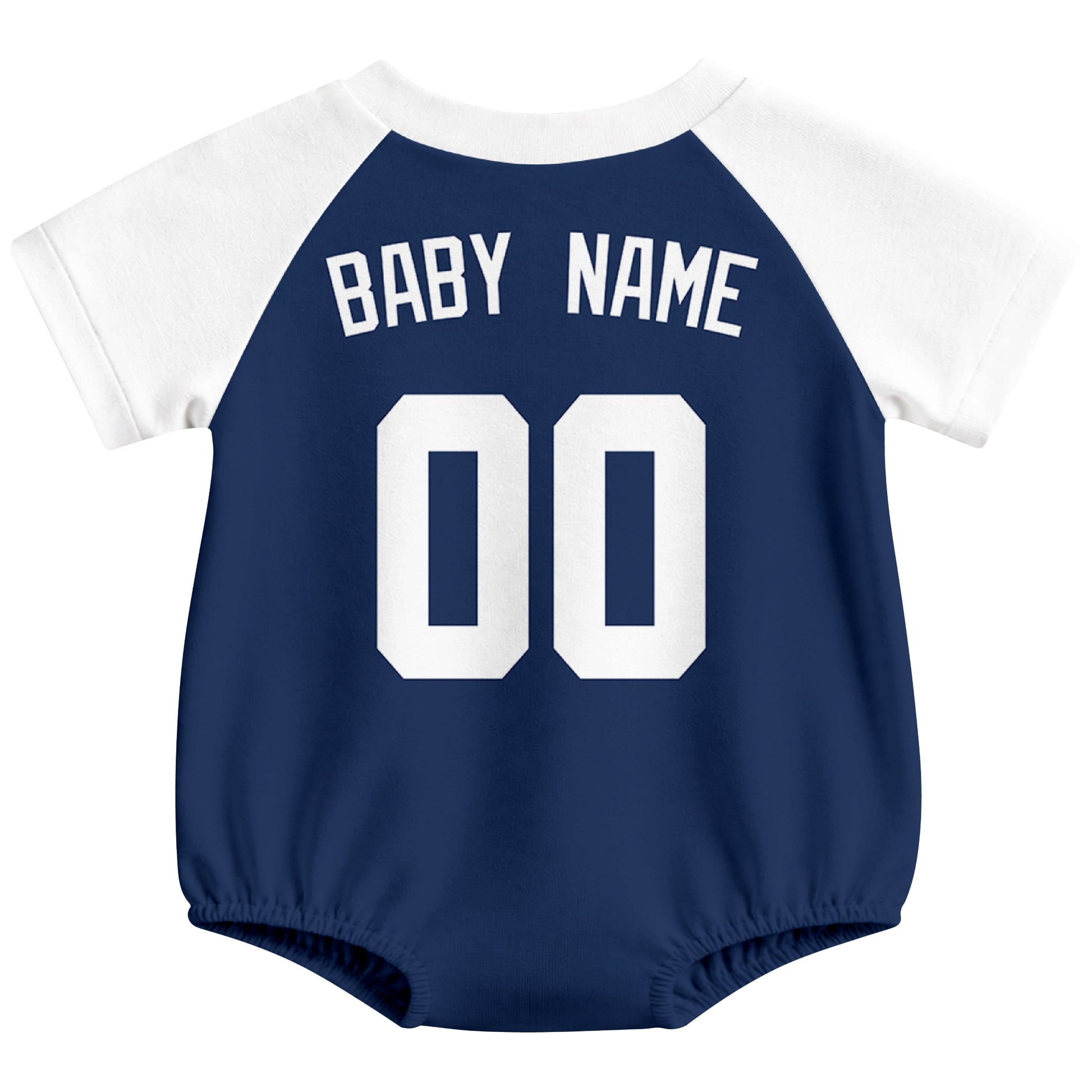 Detroit baseball baby bodysuit back view in Navy color style with custom baby name and number
