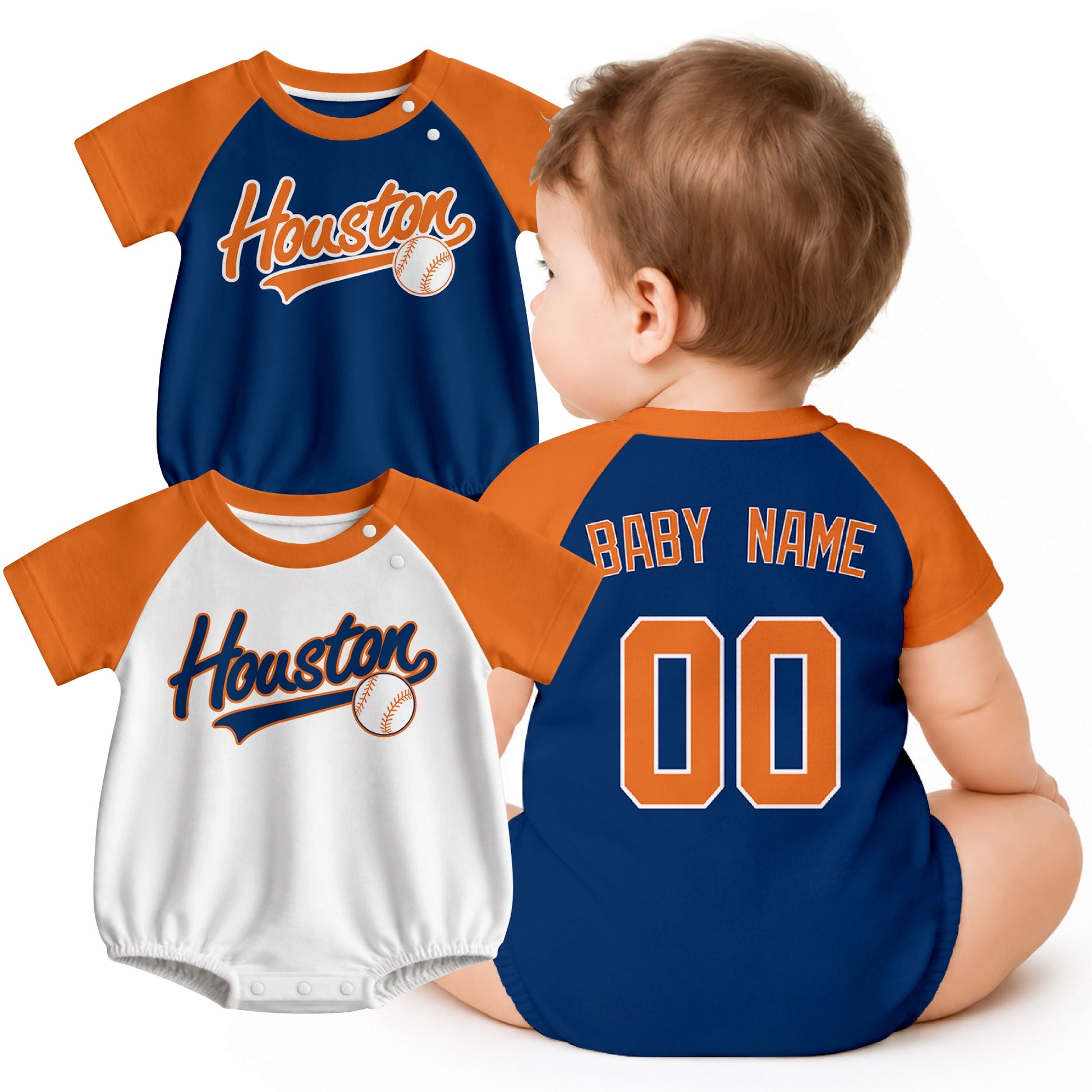 Personalized Houston baseball baby bodysuit shown on baby with city-color style